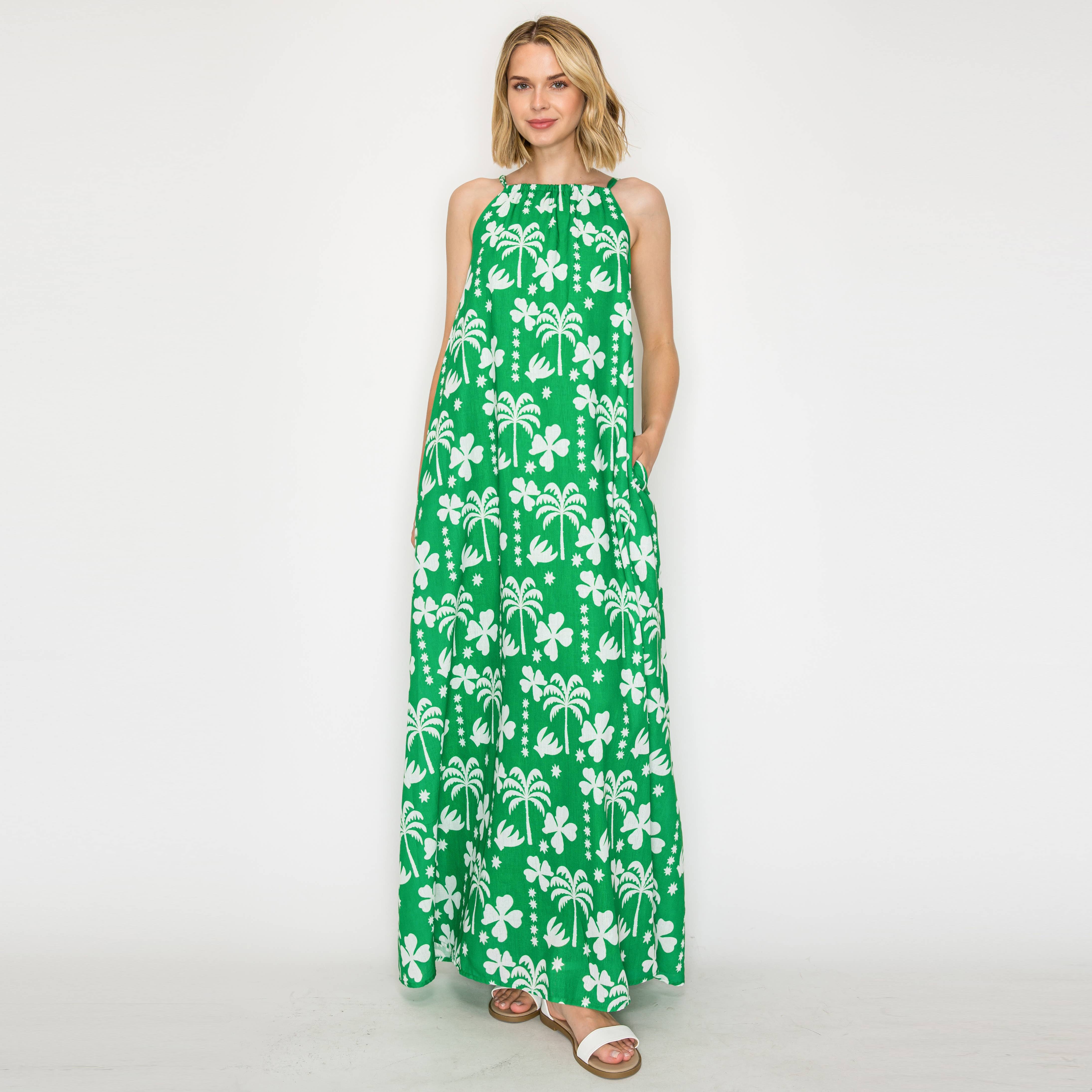 Hot Summer Green Palm Tree Halter Maxi Dress