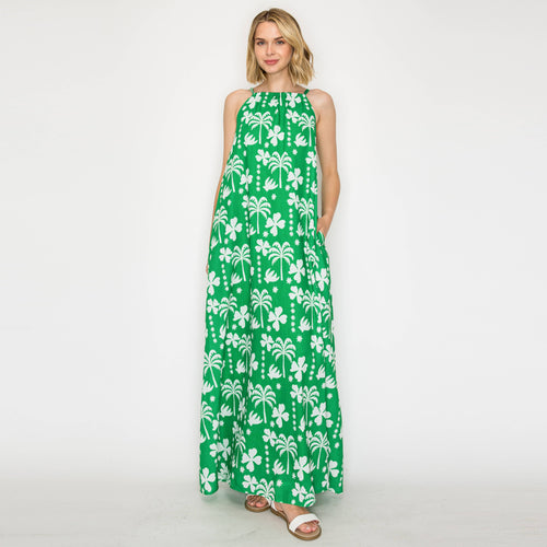 Hot Summer Green Palm Tree Halter Maxi Dress