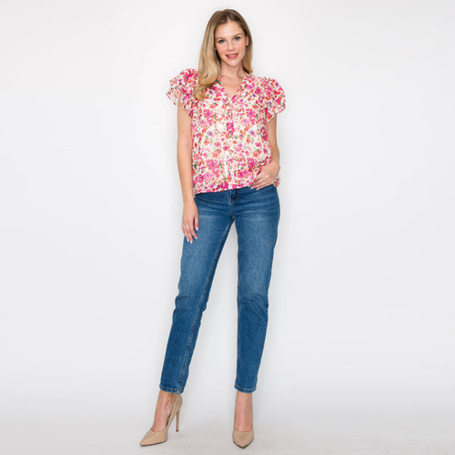 Print button-down blouse with double ruffle sleeves- LWT1547