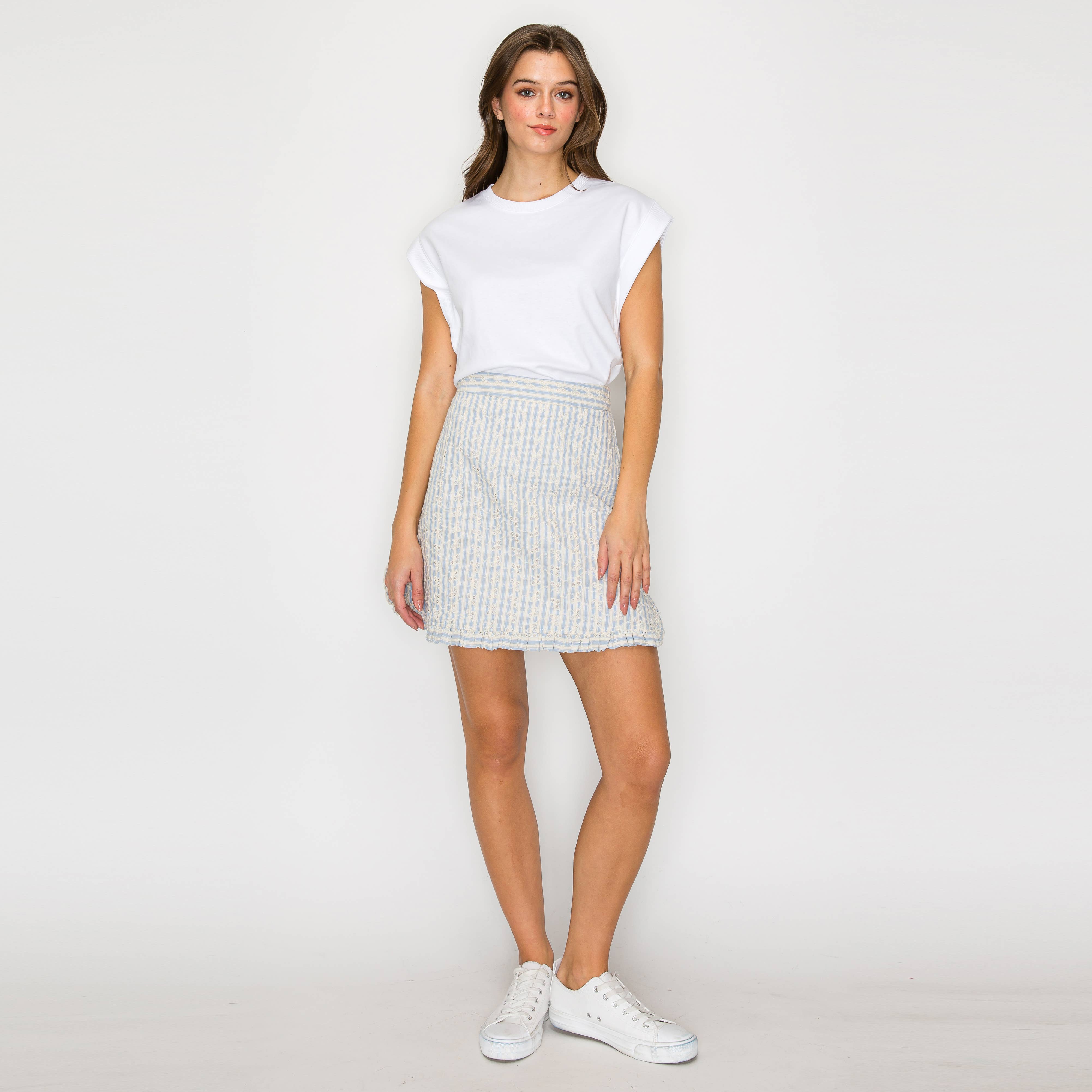 Soft Blue Stripe w/ Embroidery Mini Skirt w/ Ruffle