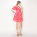 Print woven one-shoulder mini dress w/bubble sleeves-LWD2446