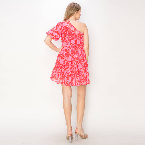 Print woven one-shoulder mini dress w/bubble sleeves-LWD2446