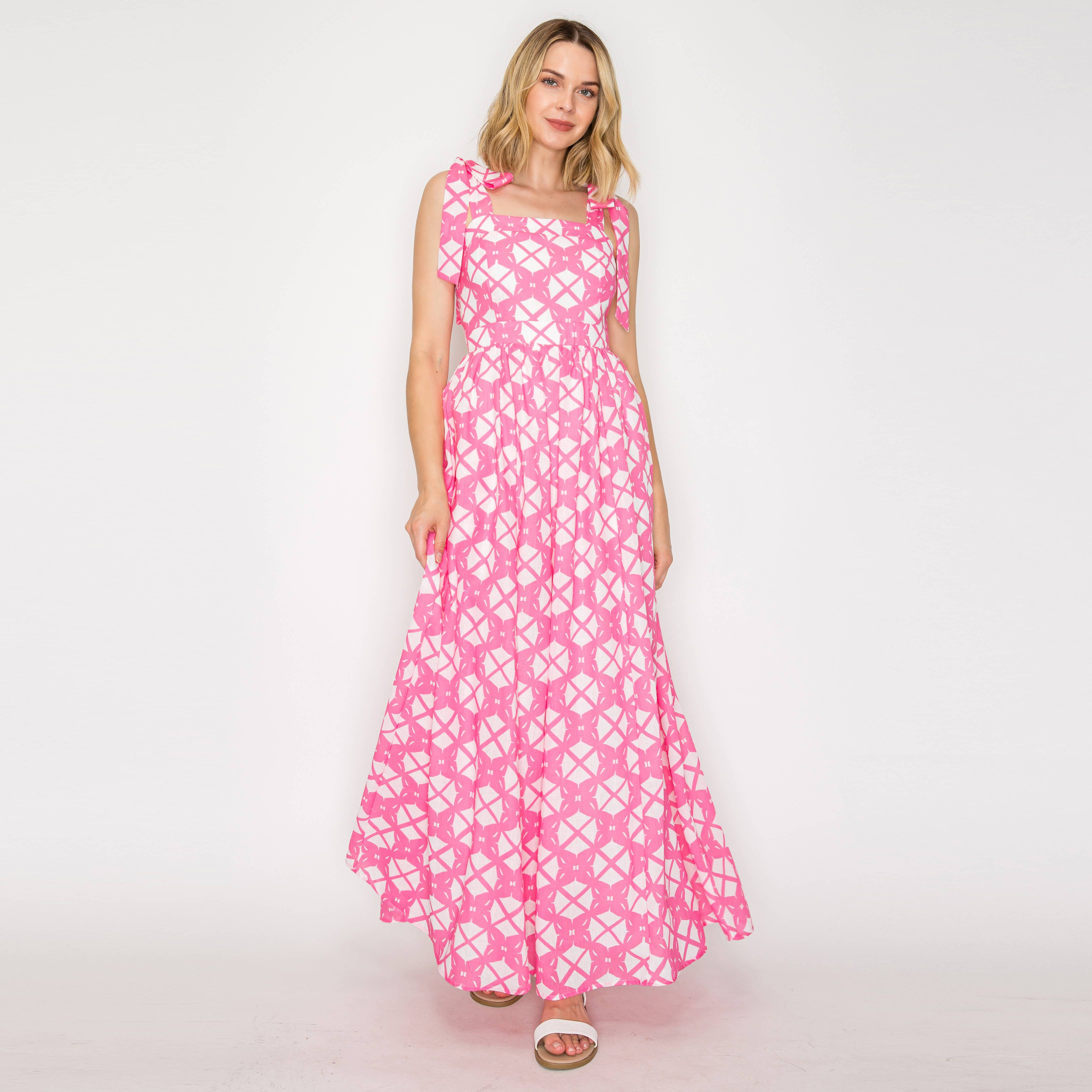 Pink Geo Lace Print Maxi Dress