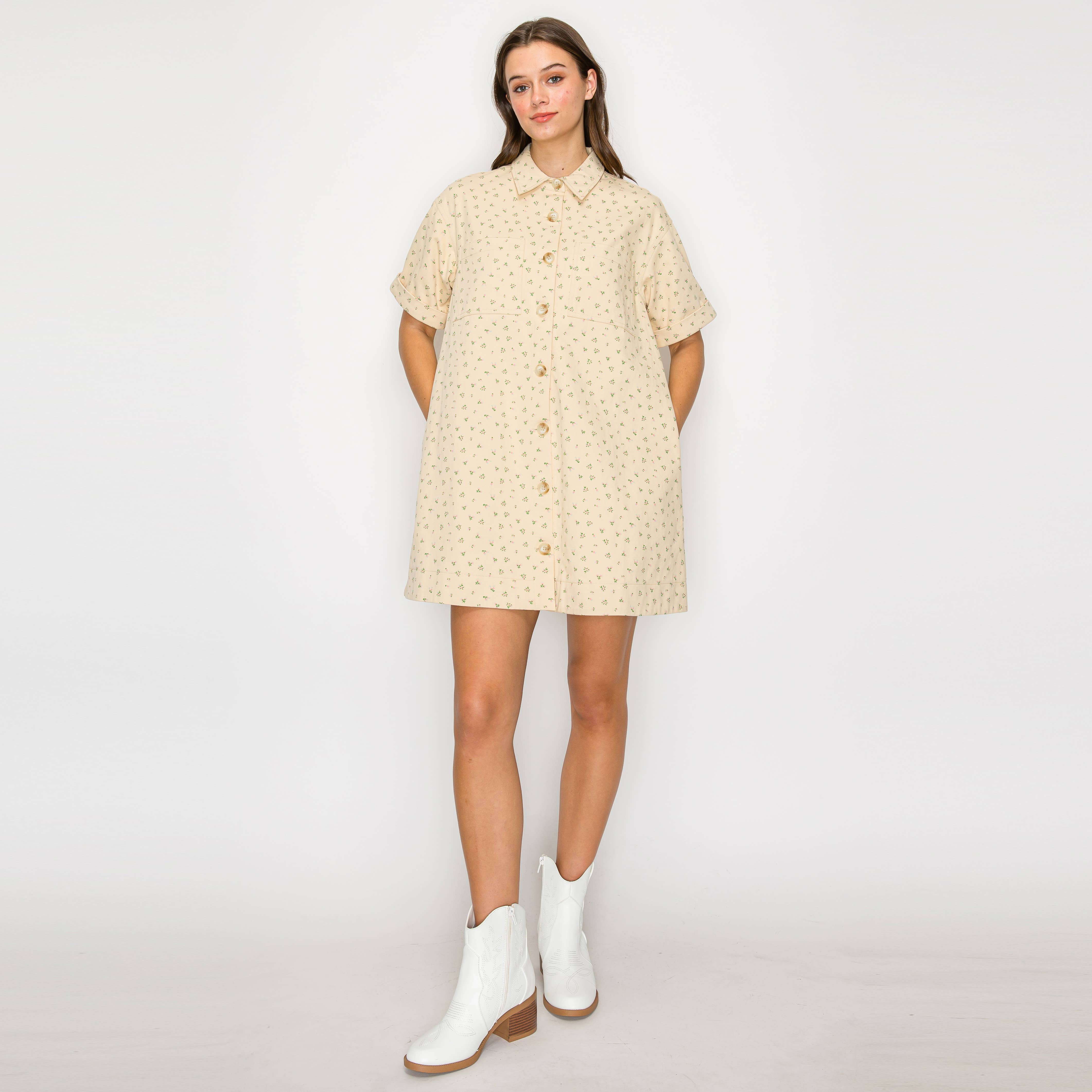 Little Wild Flower Print Twill Shirts Mini Dress