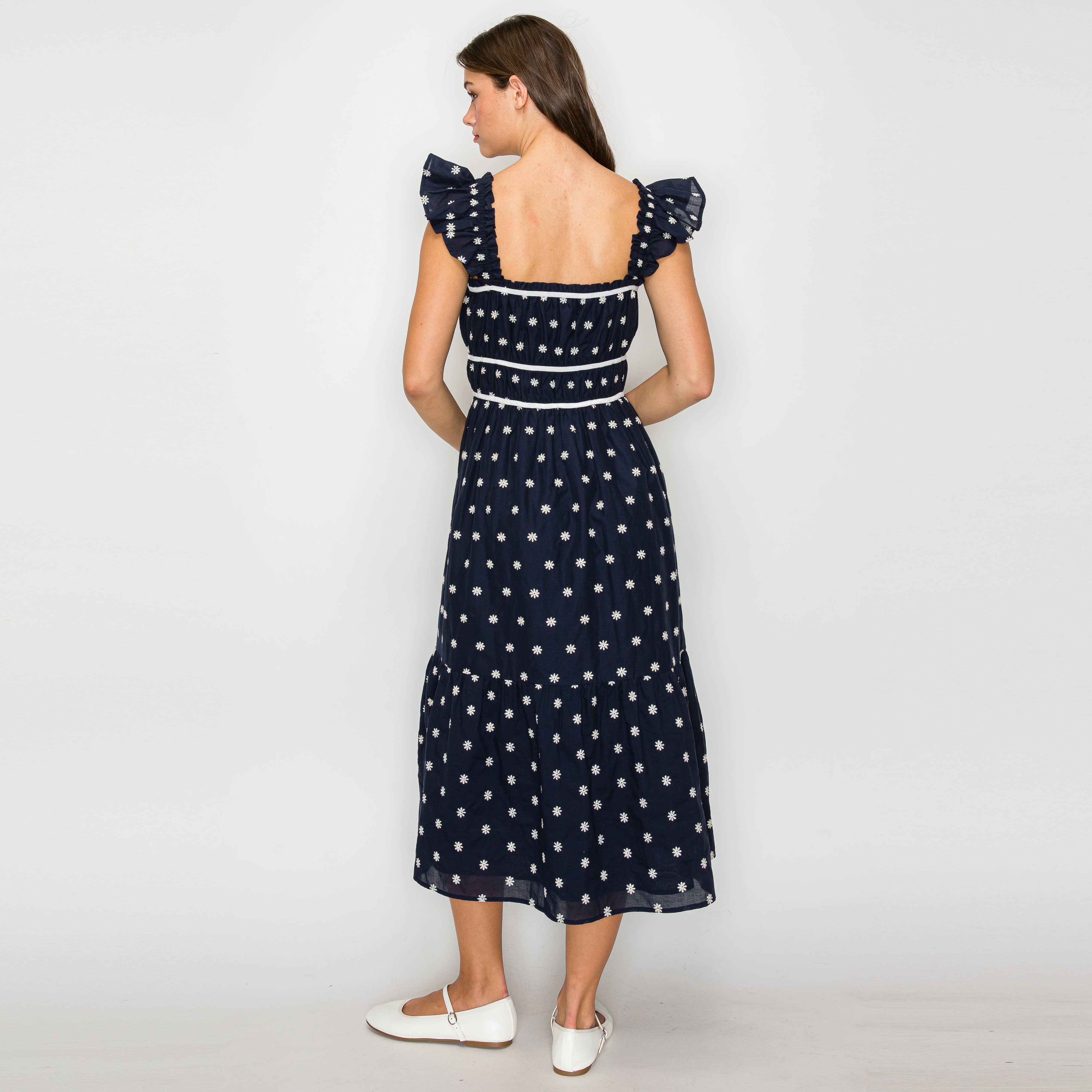 Navy Midi Dress with White Daisy Embroidery