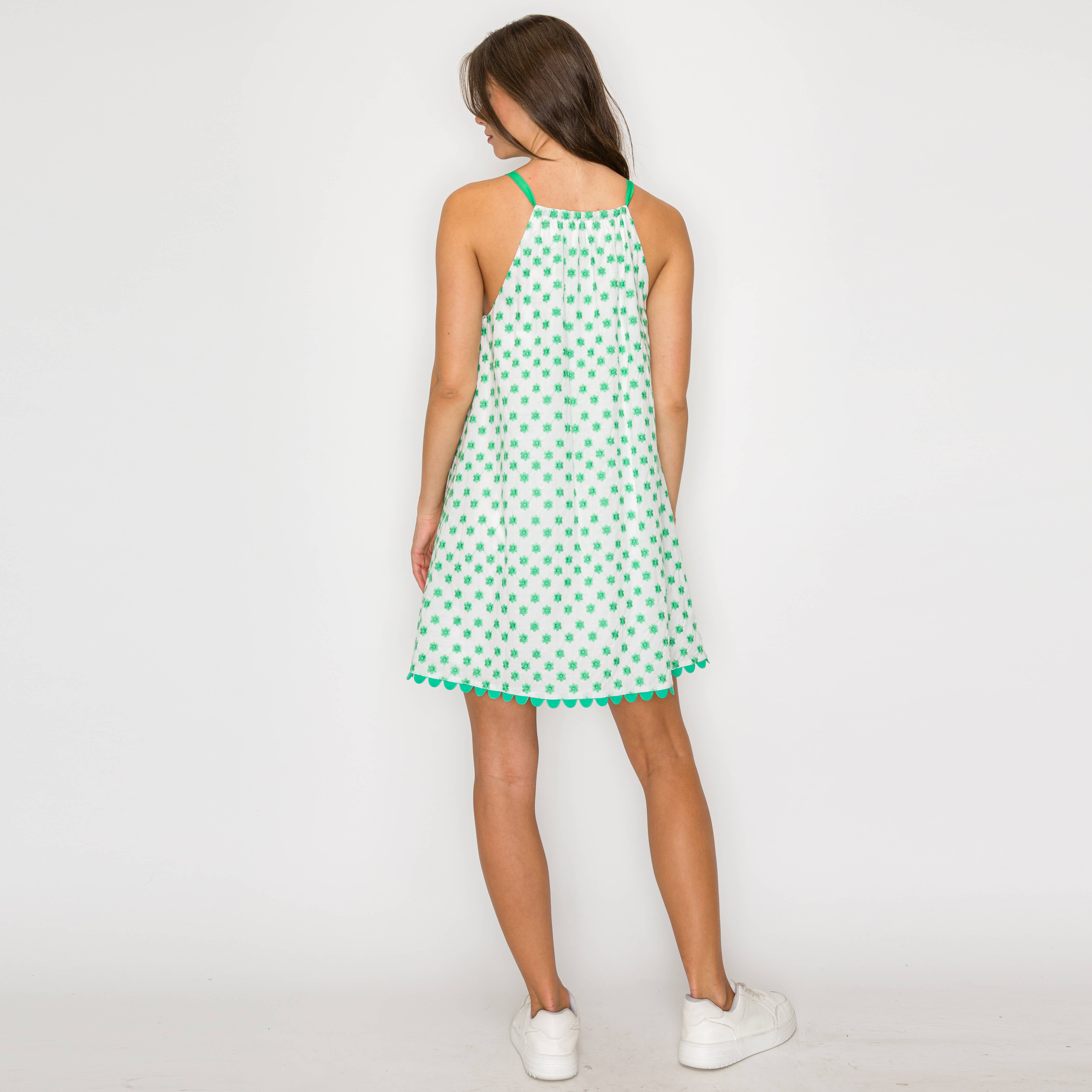 Green Daisy Embroidery Halter Mini Dress