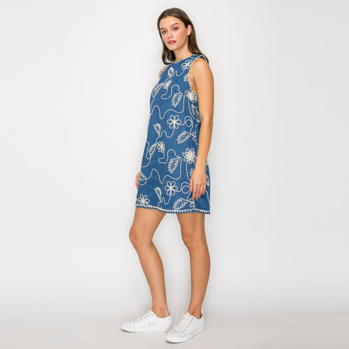 Jacquard Pattern Embroidery Denim Mini Shift Dress- LWD2870