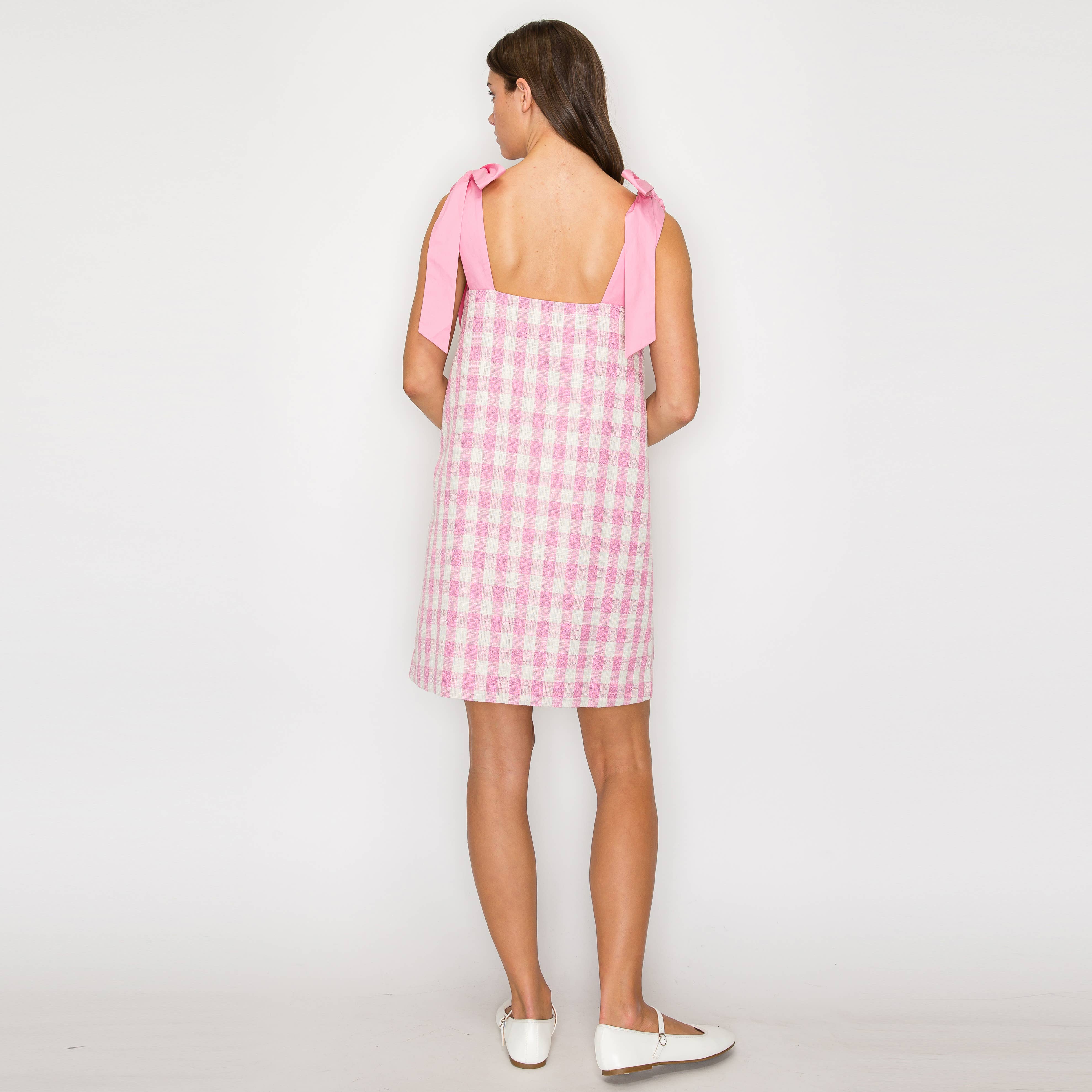 Pink Gingham Plaid Mini Dress with Bow Tie