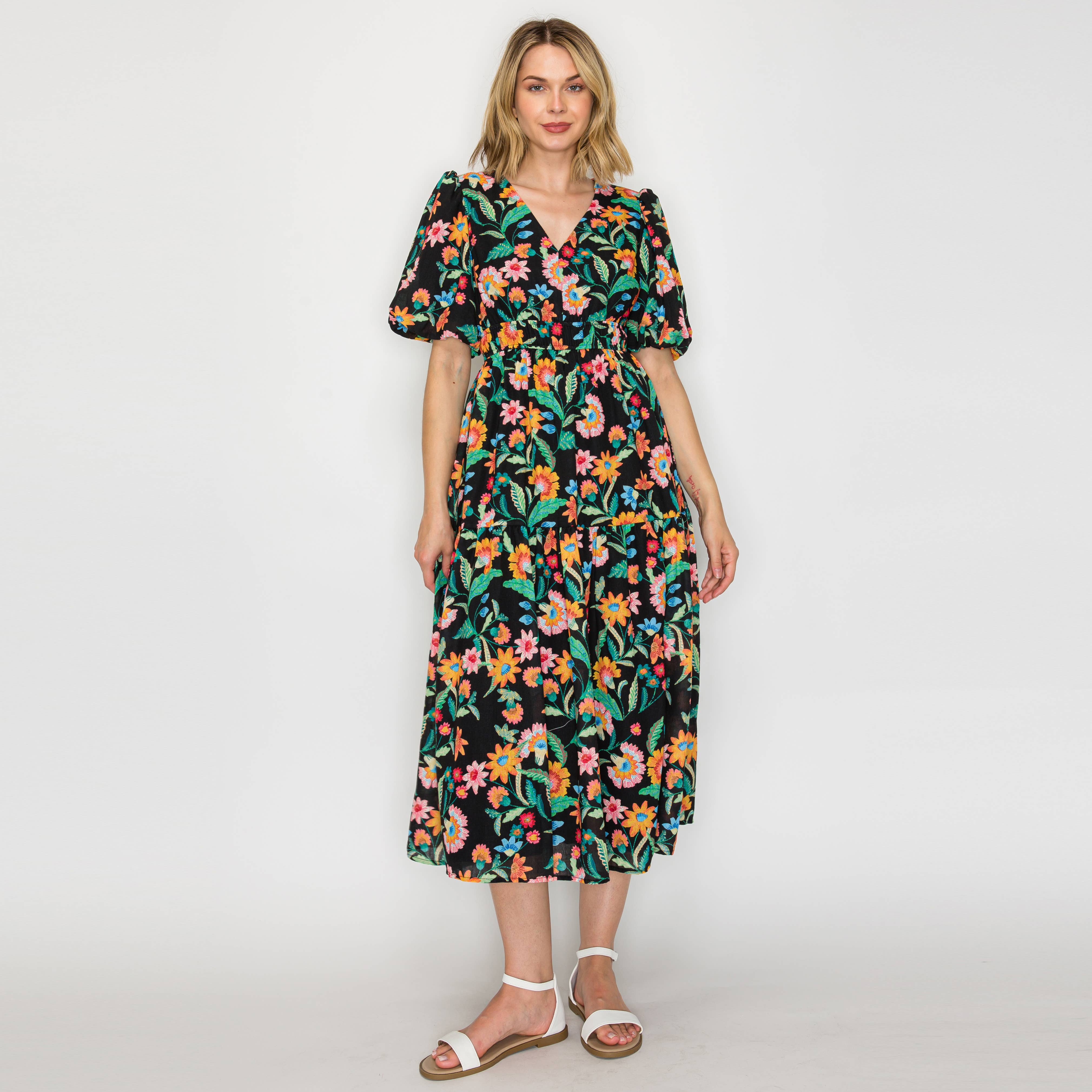 Colorful Jacobean in Black Midi Dress