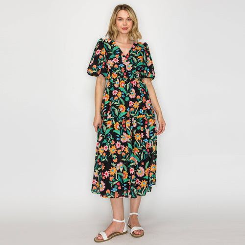 Colorful Jacobean in Black Midi Dress