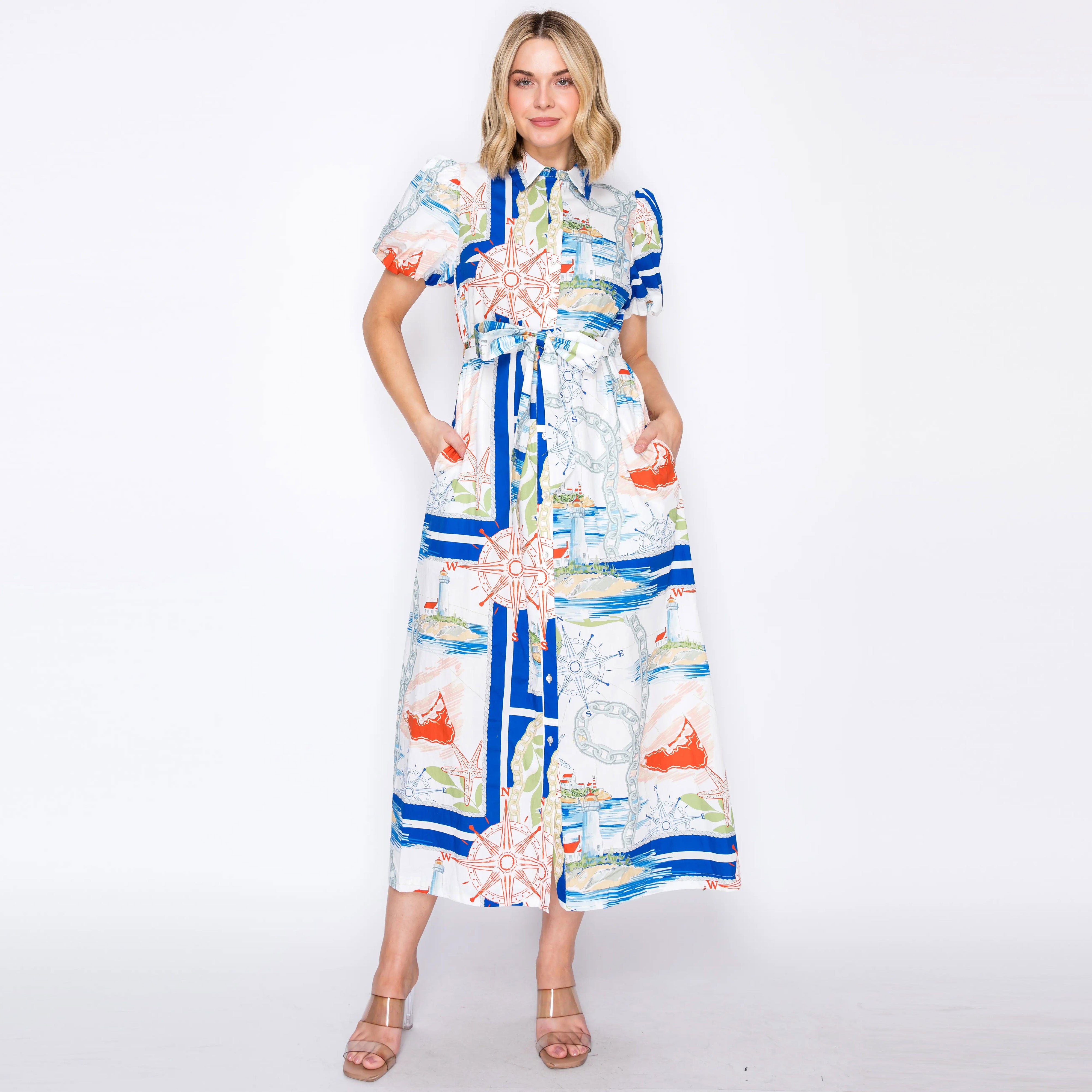 ATLANTIC BREEZE Button-Down Midi Dress