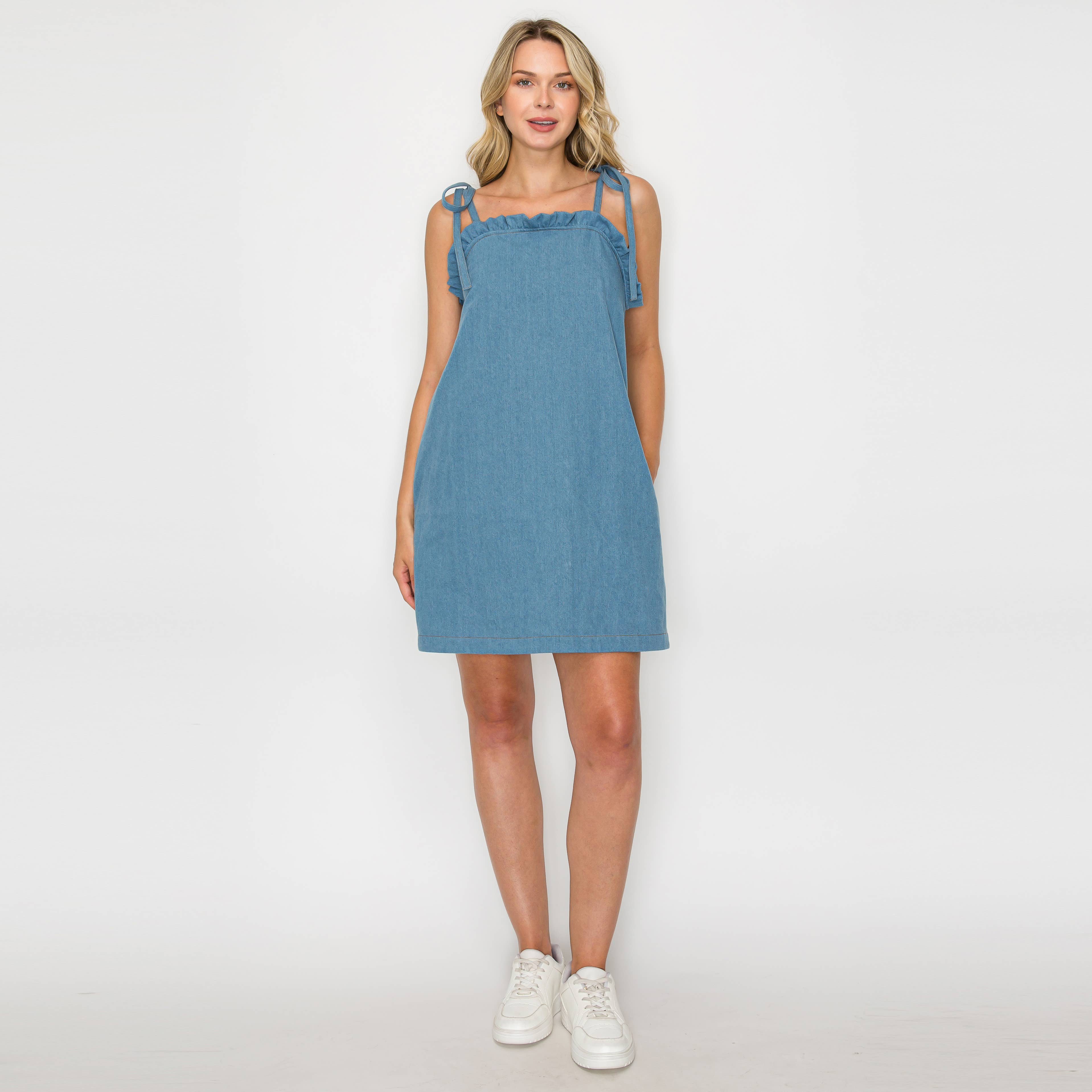Ruffle Detail Mini Shift Dress with Shoulder Tie