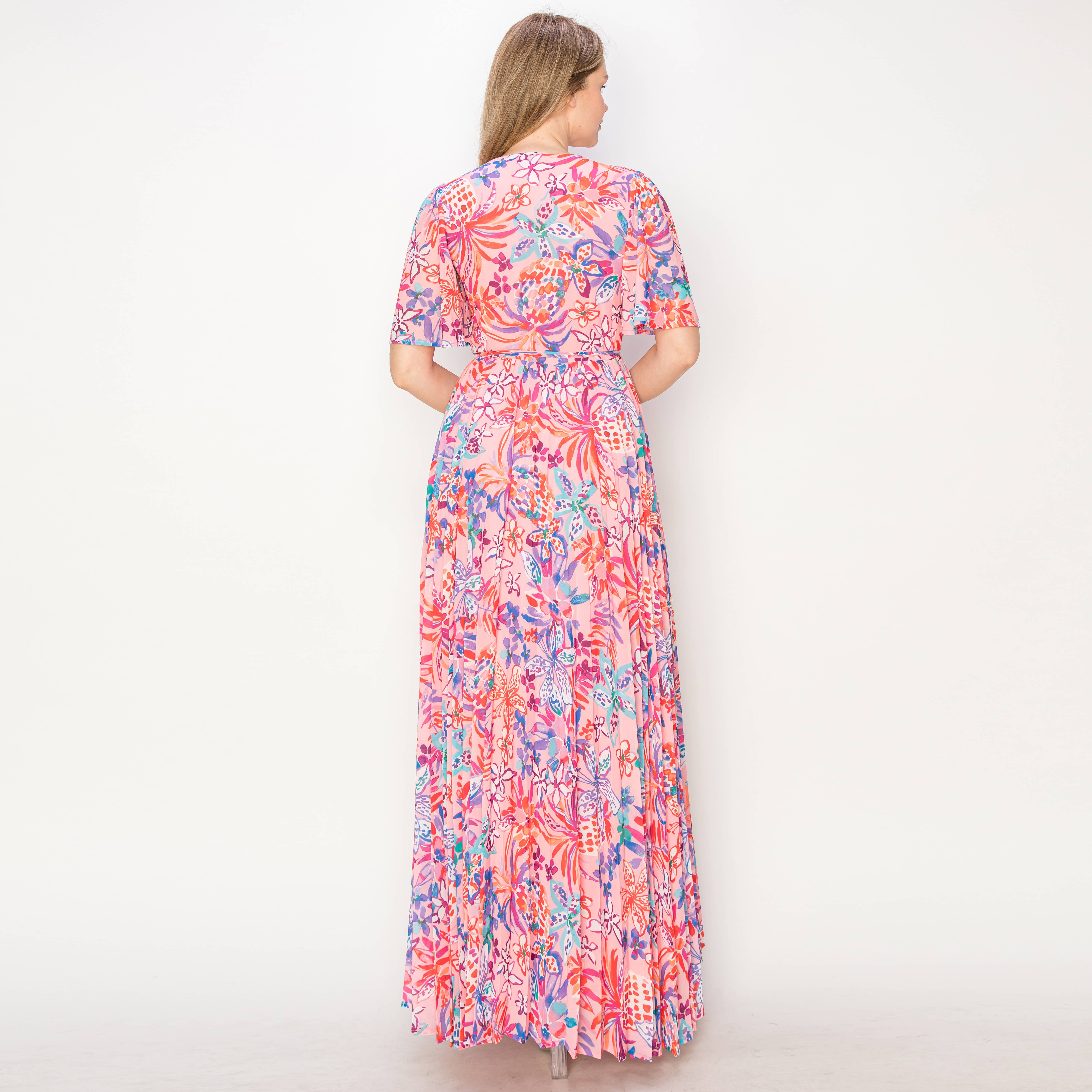 Print wrap maxi dress with flare sleeves