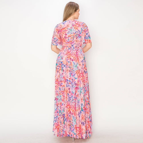 Print wrap maxi dress with flare sleeves