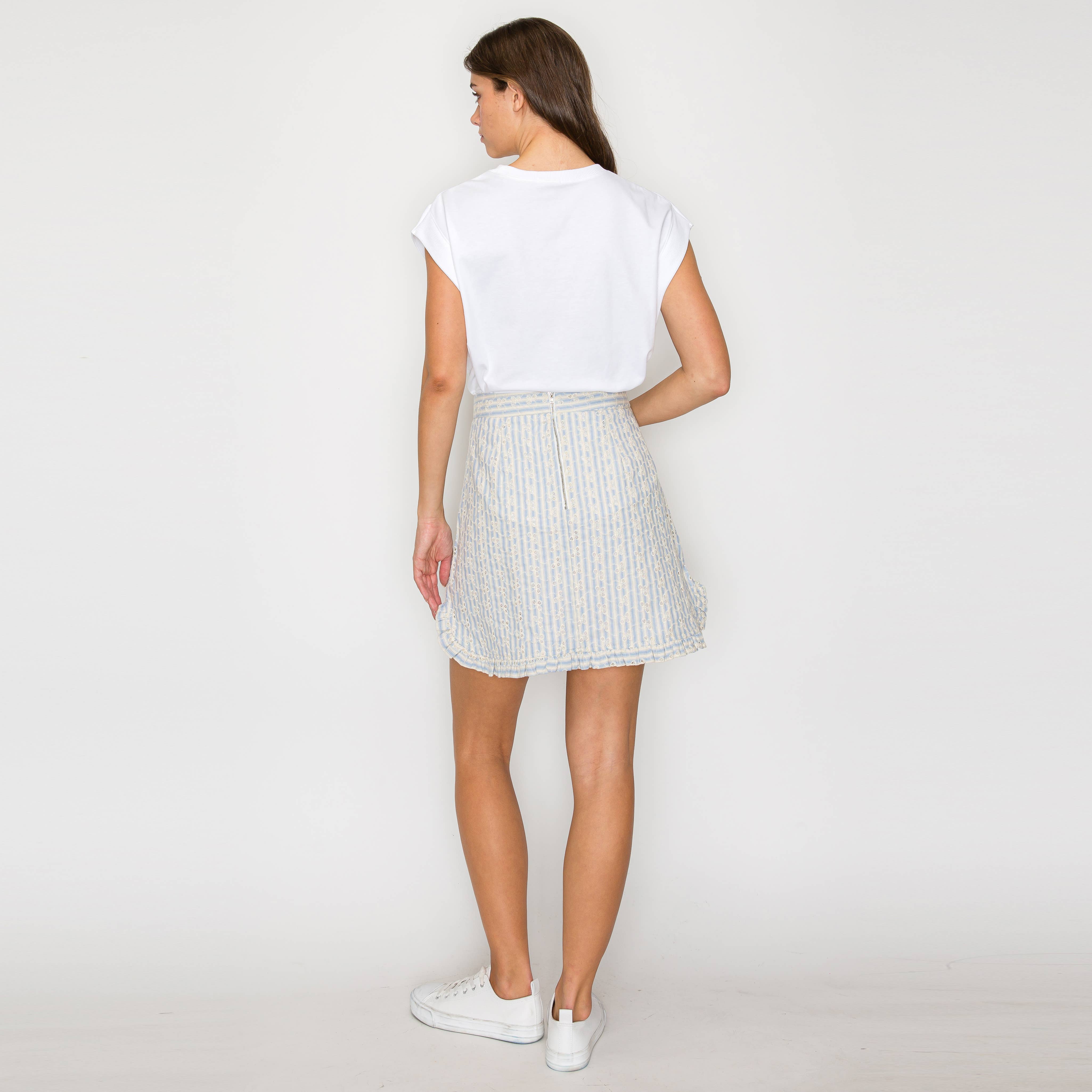 Soft Blue Stripe w/ Embroidery Mini Skirt w/ Ruffle- LWK1190
