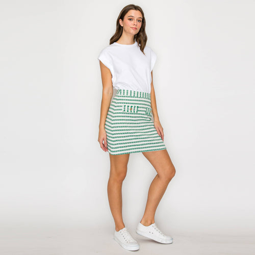 Green & White Stripe Summer French Boucle Mini Skirt-LWK1195