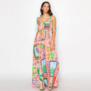 Coral Retro Tropical Print Cotton Maxi Dress