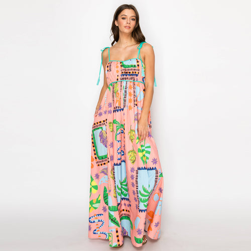 Coral Retro Tropical Print Cotton Maxi Dress