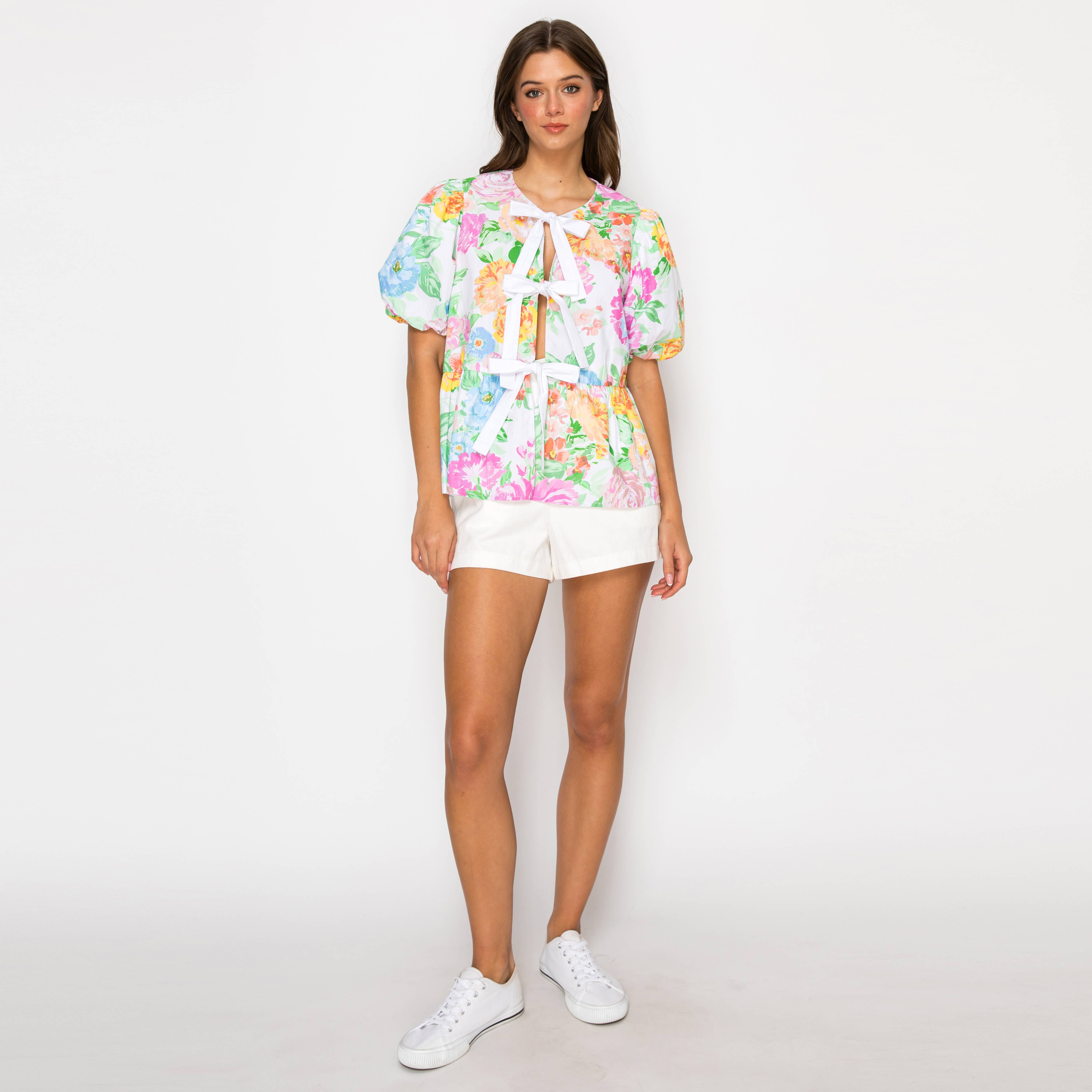 Garden Flower Print Cotton Top With Front Ribbon