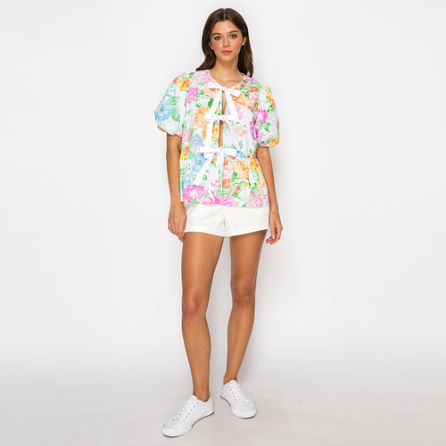 Garden Flower Print Cotton Top With Front Ribbon