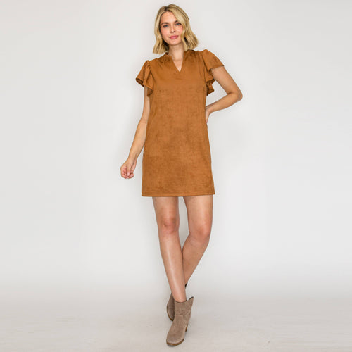 Faux Suede Flutter Sleeve Dress