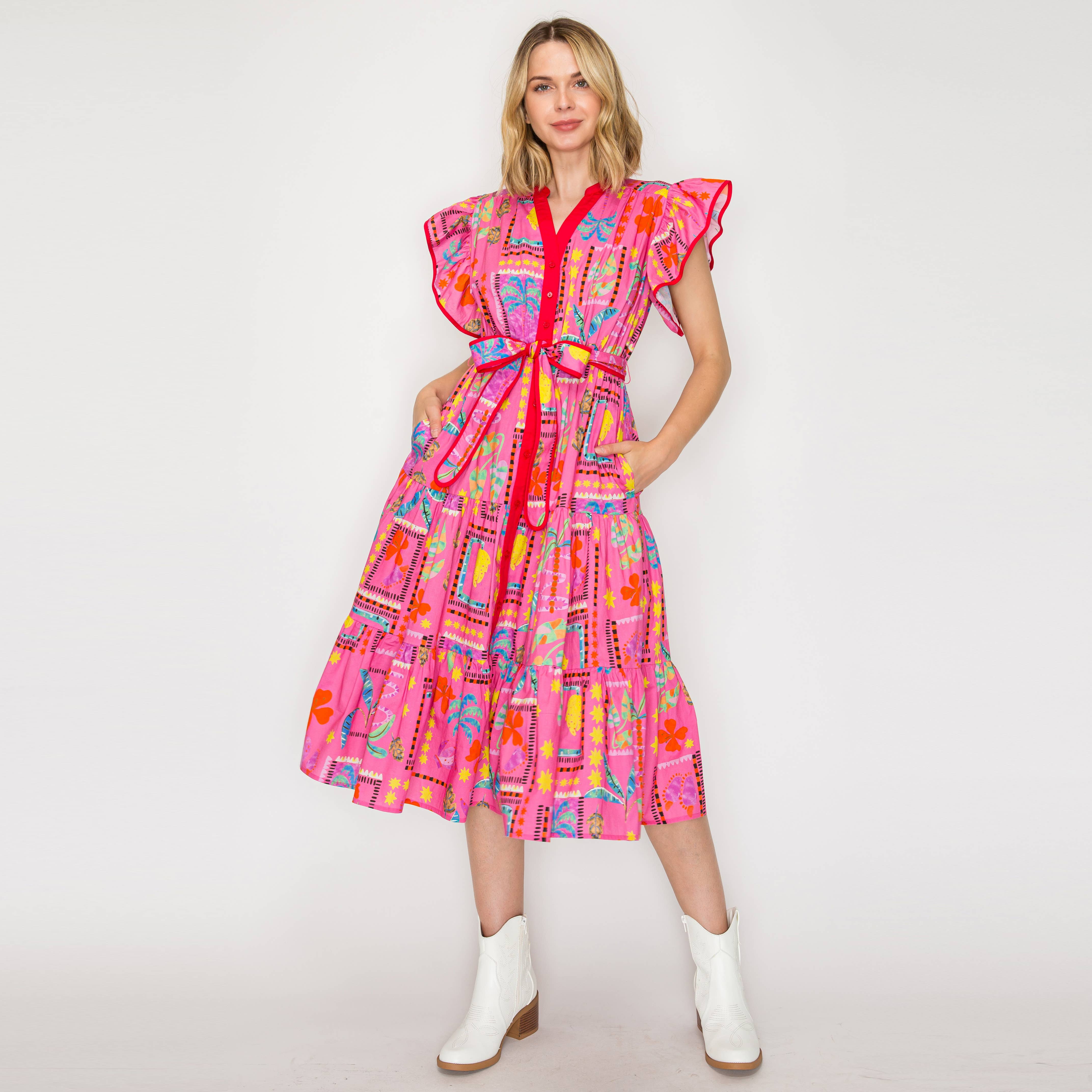 Pink Western Tropical Midi Dress