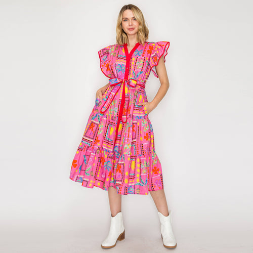 Pink Western Tropical Midi Dress