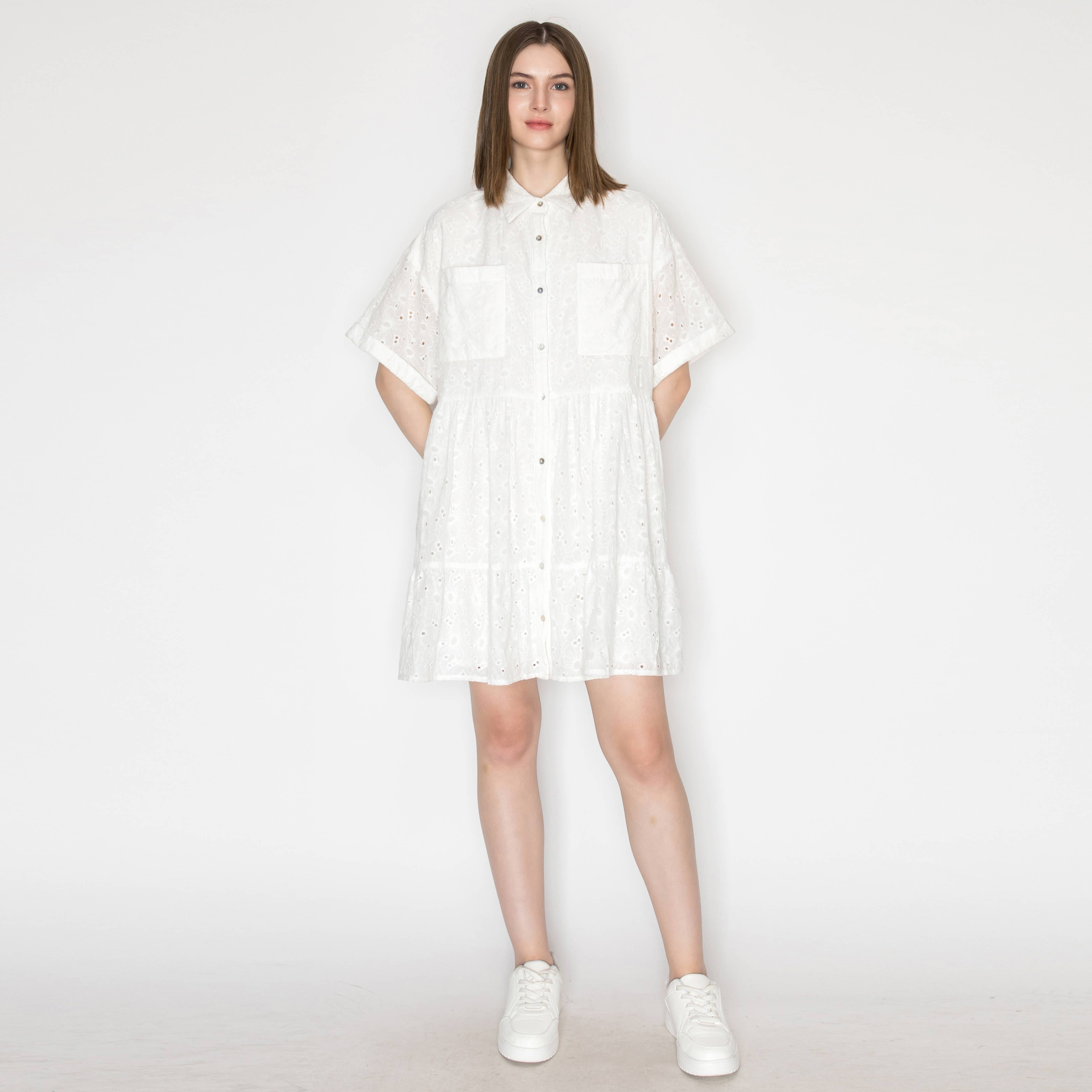 Cotton eyelet shirts mini dress