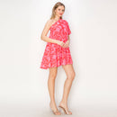 Print woven one-shoulder mini dress w/bubble sleeves-LWD2446