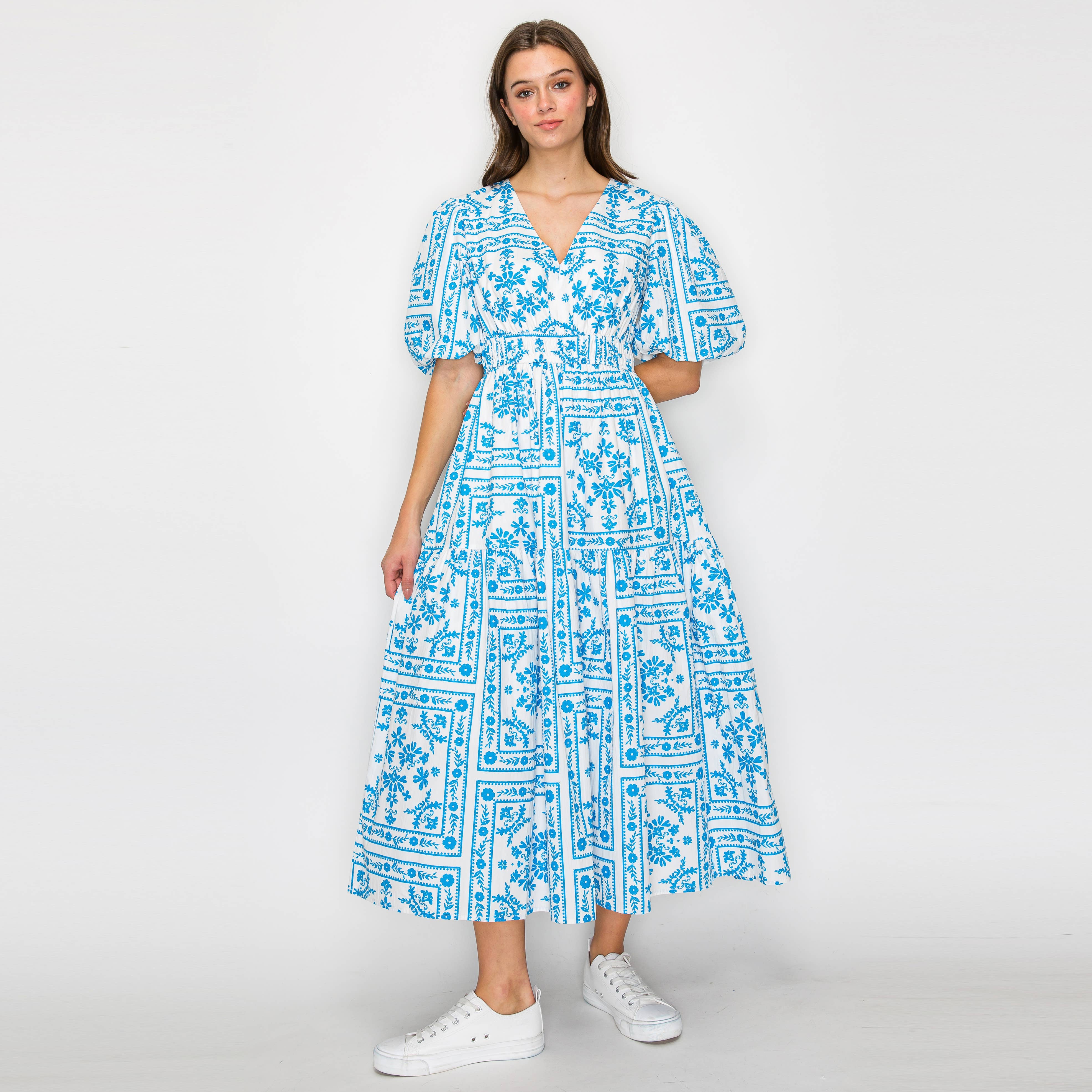 Blue Bandana Print Midi Dress