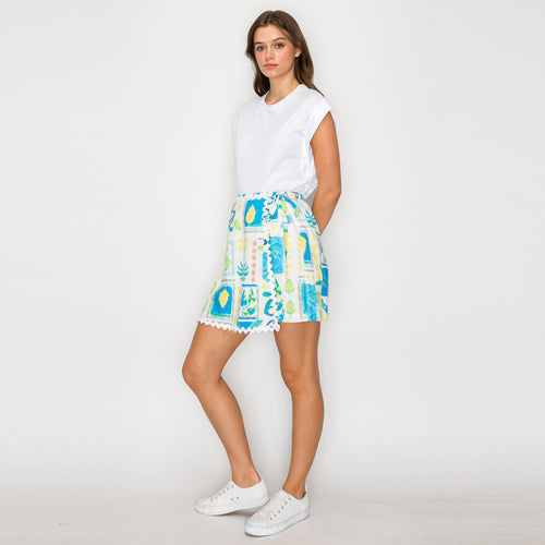 Retro Blue Palm Tree Print Skort w/ Rick Rack trim