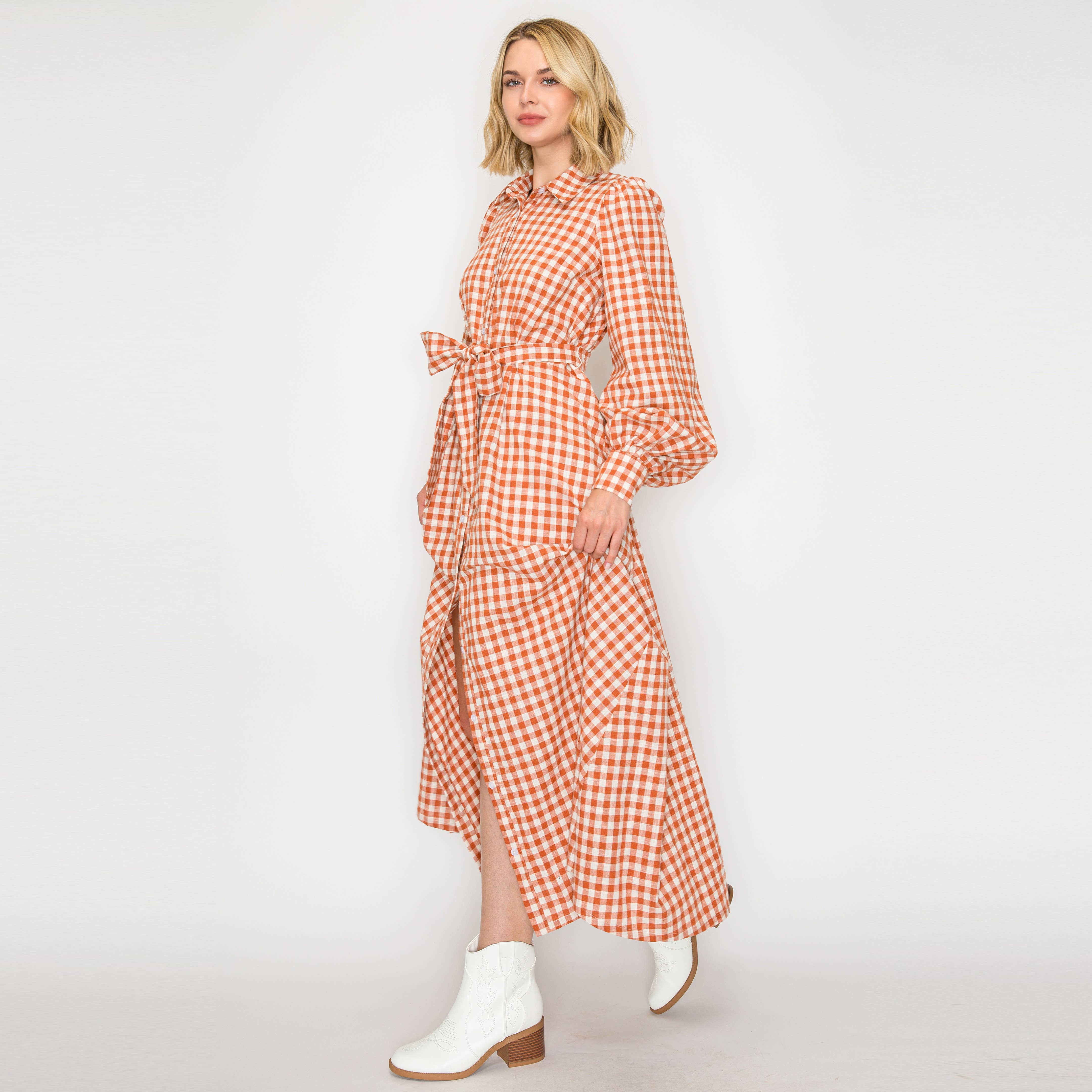 Rust Gingham Daydream Maxi Shirt Dress