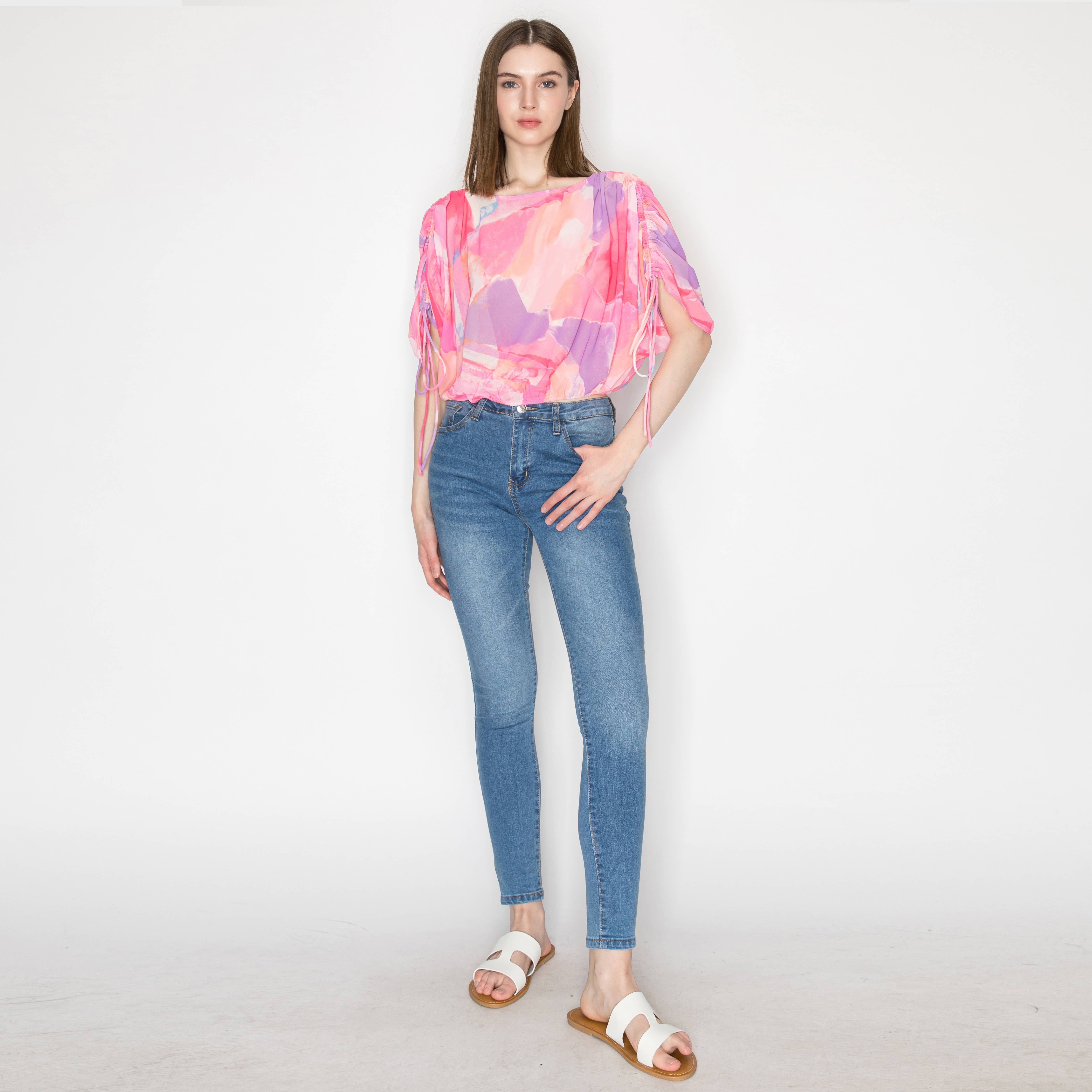Abstract print shoulder shirring detail top