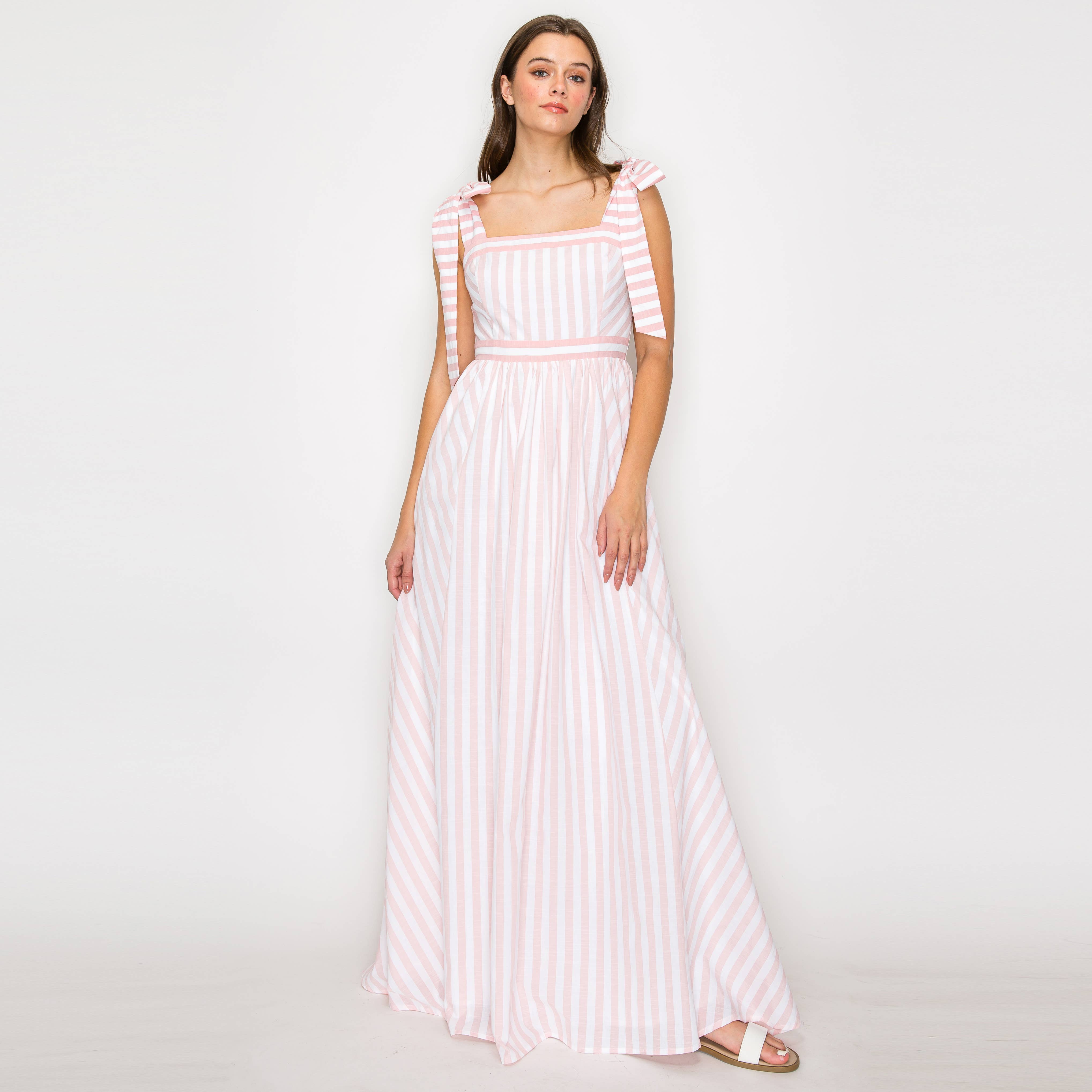 Dreamy Pink Stripe Maxi Dress with Shoulder Tie