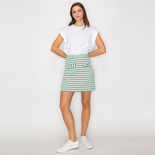 Green & White Stripe Summer French Boucle Mini Skirt-LWK1195