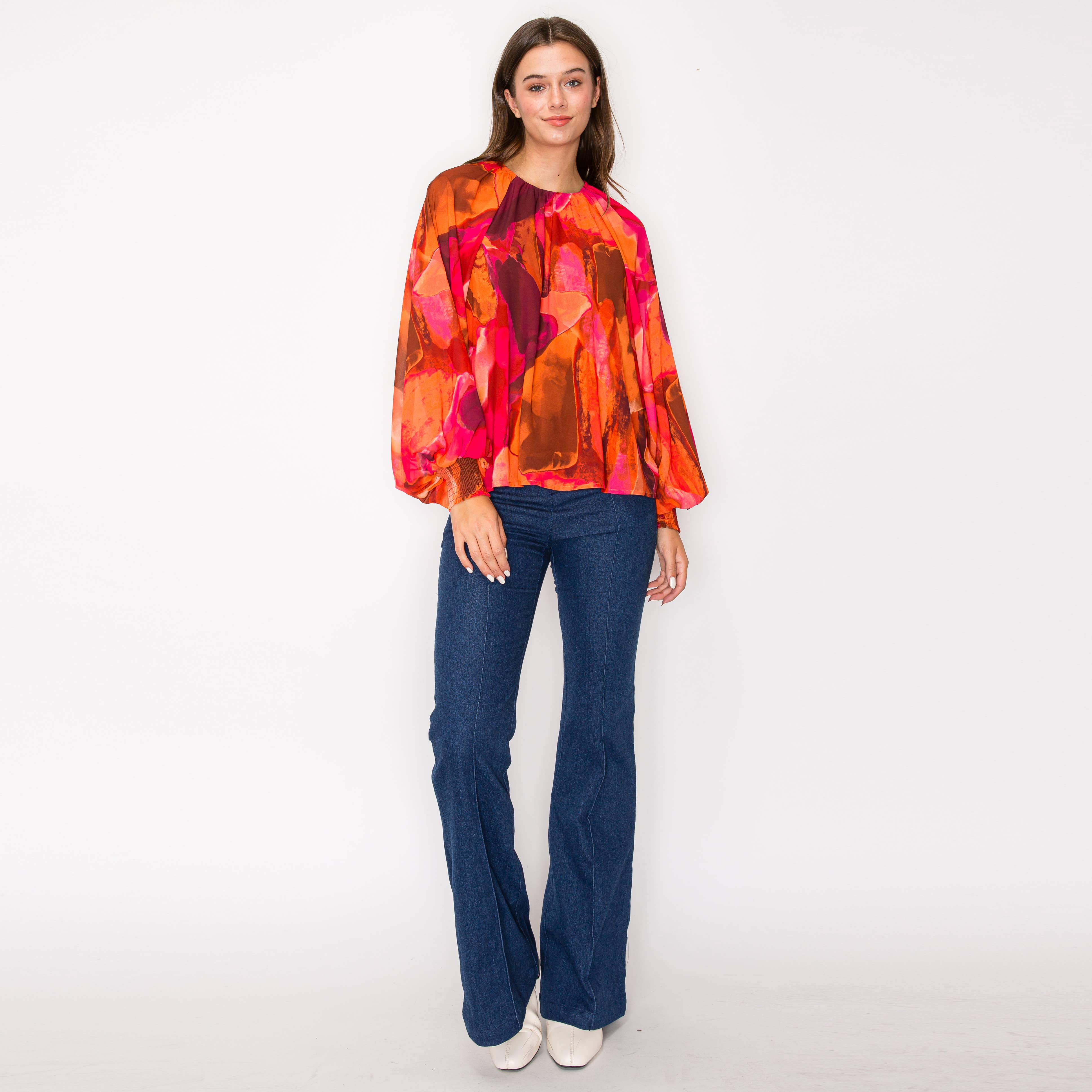 Jewel color abstract print long sleeve blouse