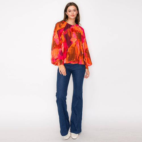 Jewel color abstract print long sleeve blouse