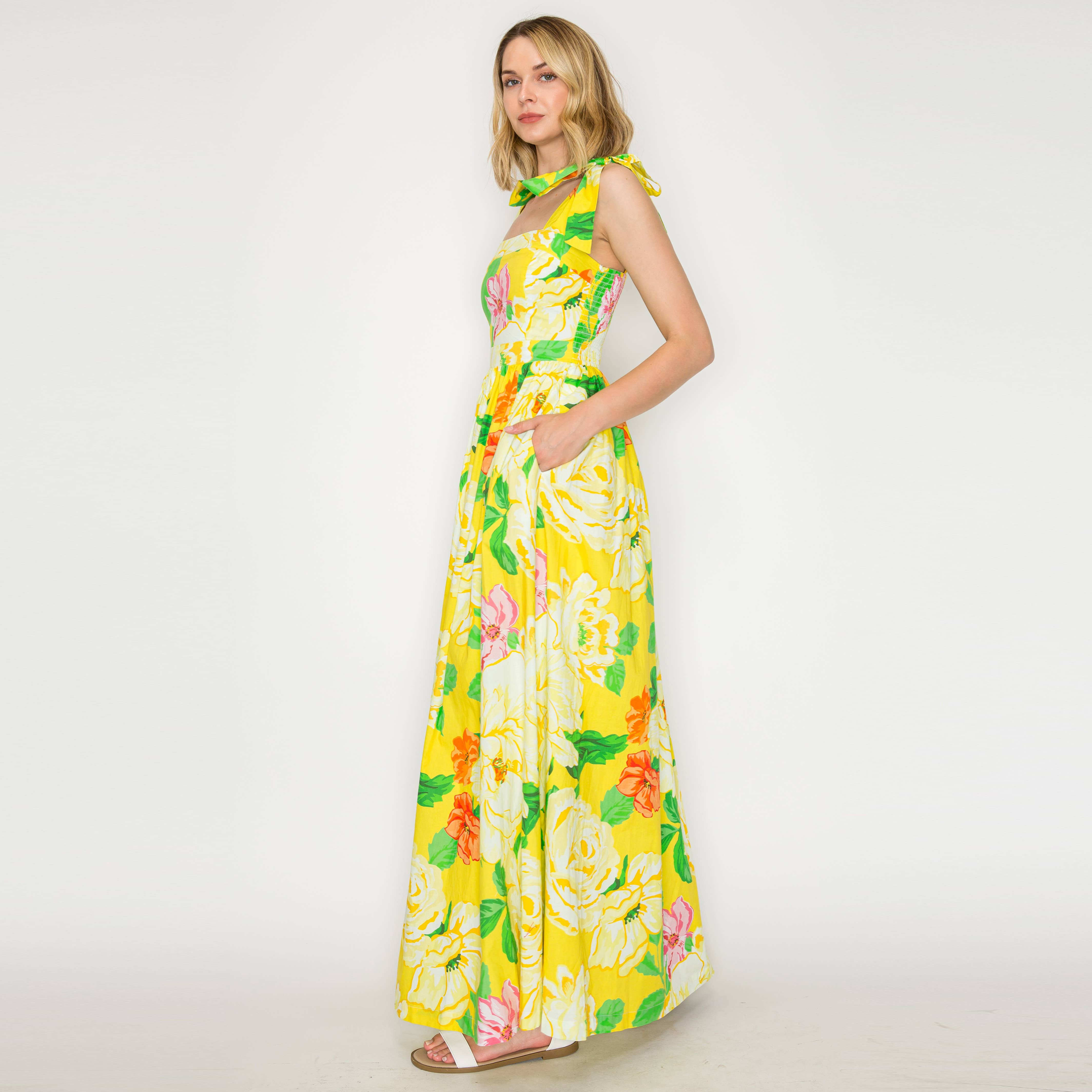 Sunny Lemon Yellow Big Flower Maxi Dress