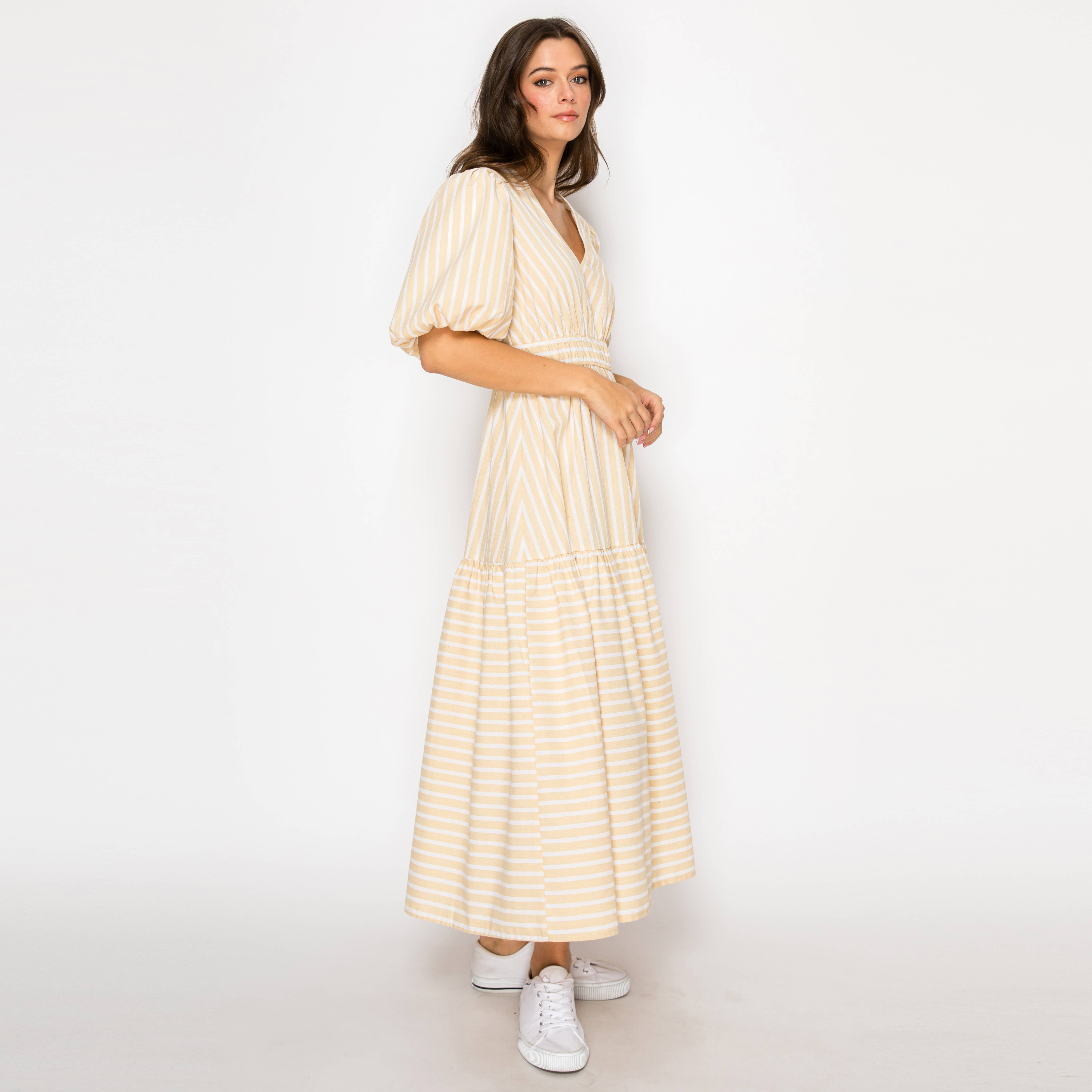 Soft Khaki Stripe Linen Midi Dress