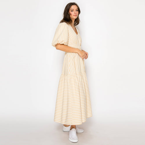 Soft Khaki Stripe Linen Midi Dress
