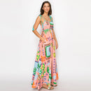 Coral Retro Tropical Print Cotton Maxi Dress