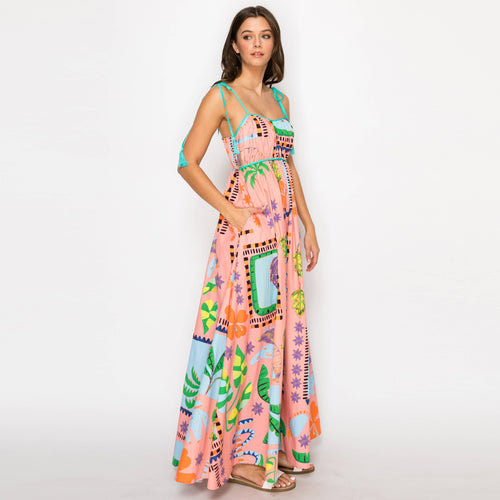 Coral Retro Tropical Print Cotton Maxi Dress