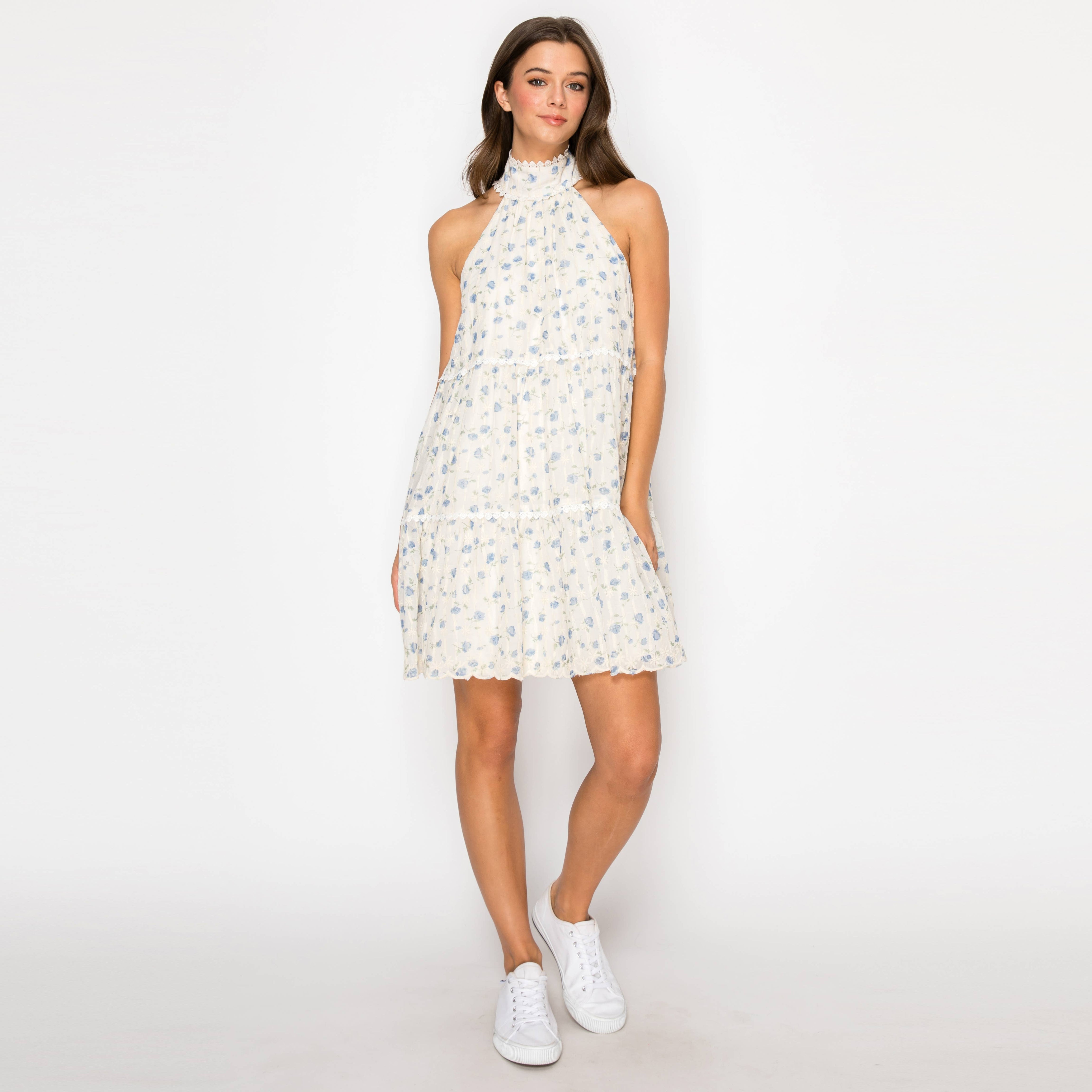 Blue Cloud Daisy Halter Mini Dress