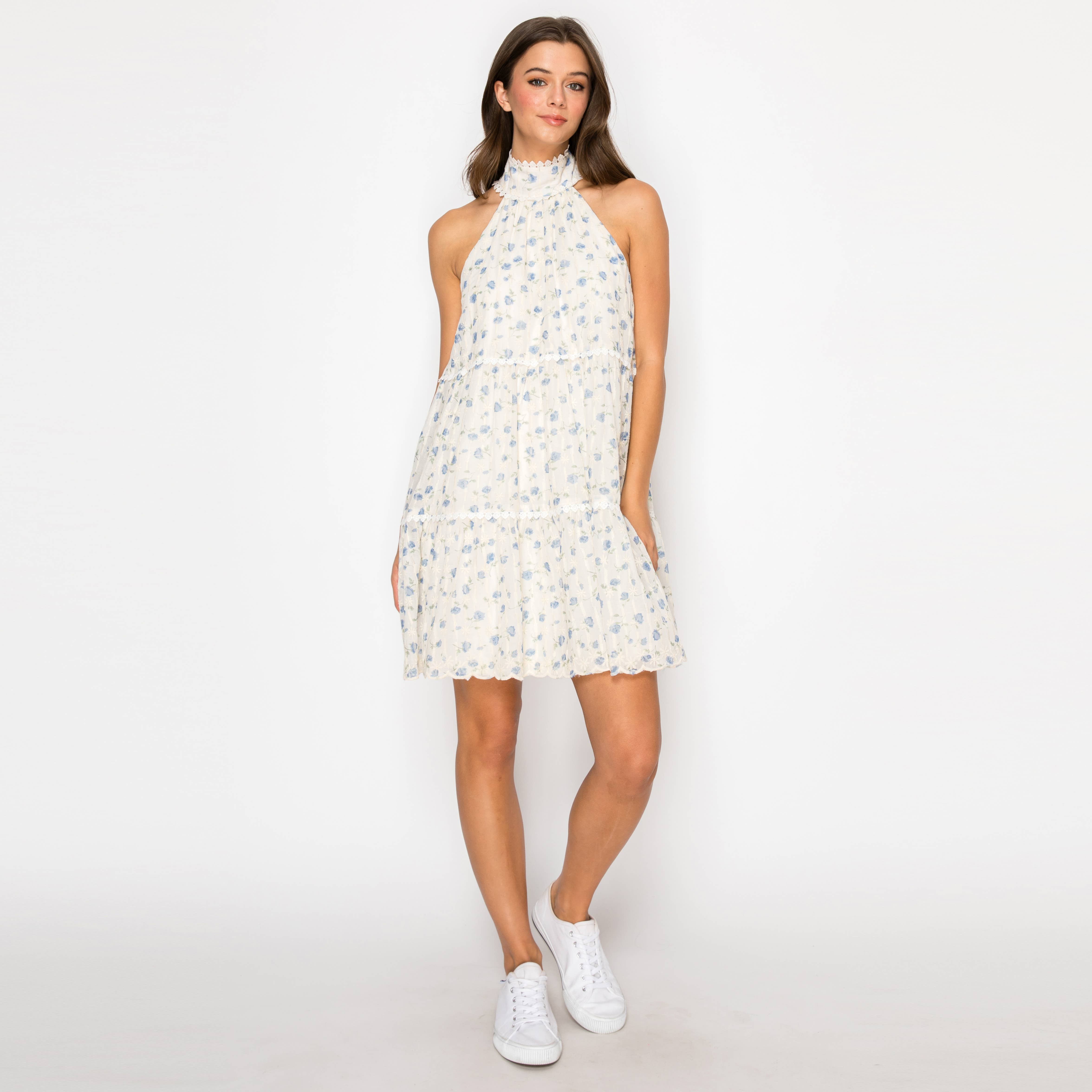 Blue Cloud Daisy Halter Mini Dress