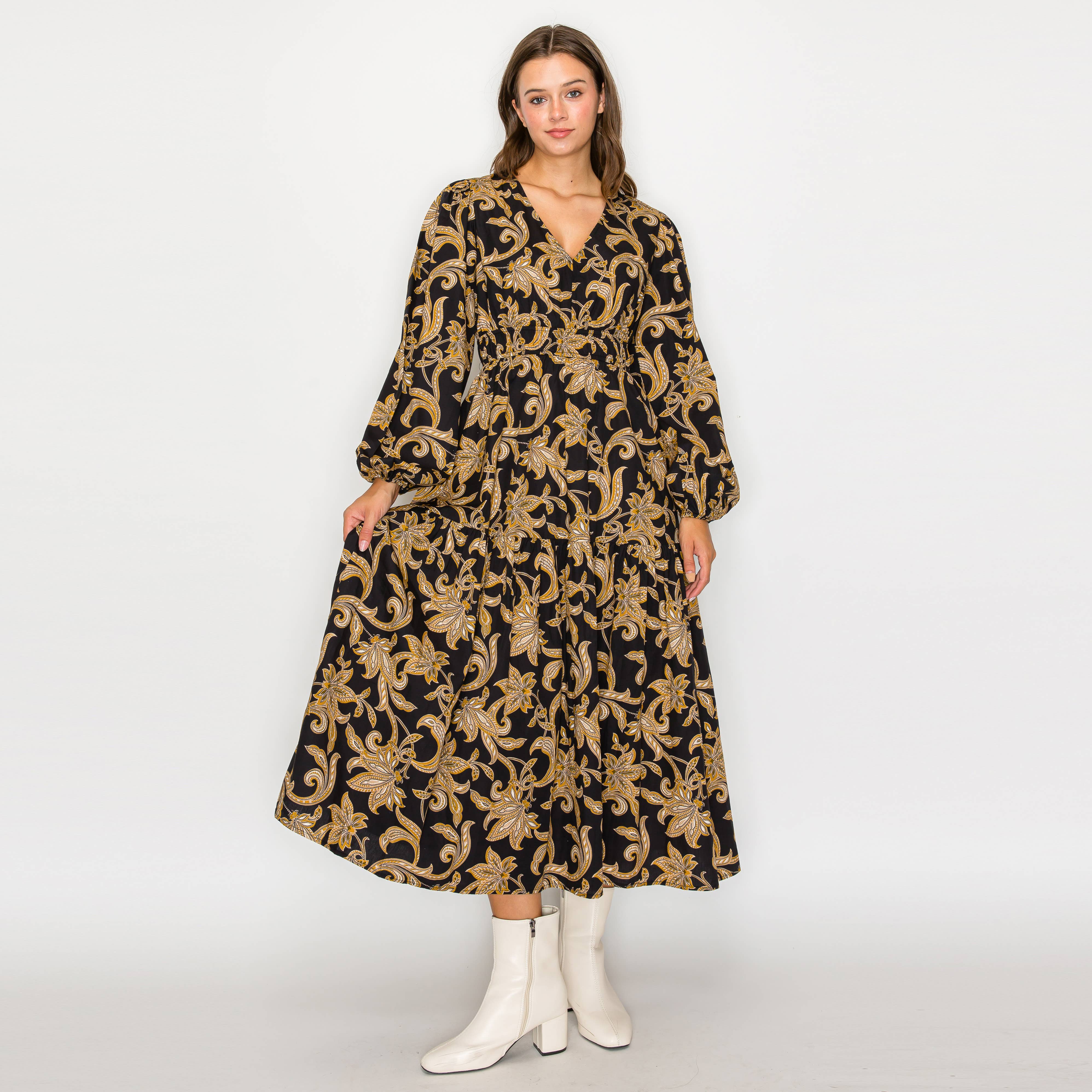 Rich Black & Gold Paisley Print Midi Dress