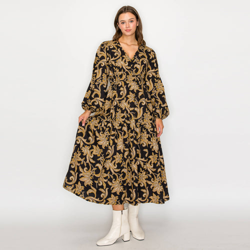 Rich Black & Gold Paisley Print Midi Dress