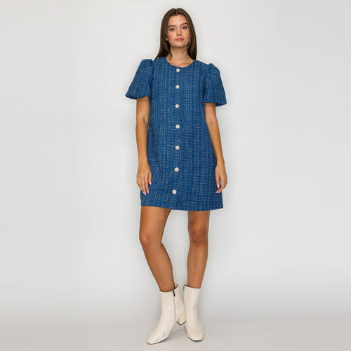 Classic Boucle Mini Shift Dress in Denim Blue