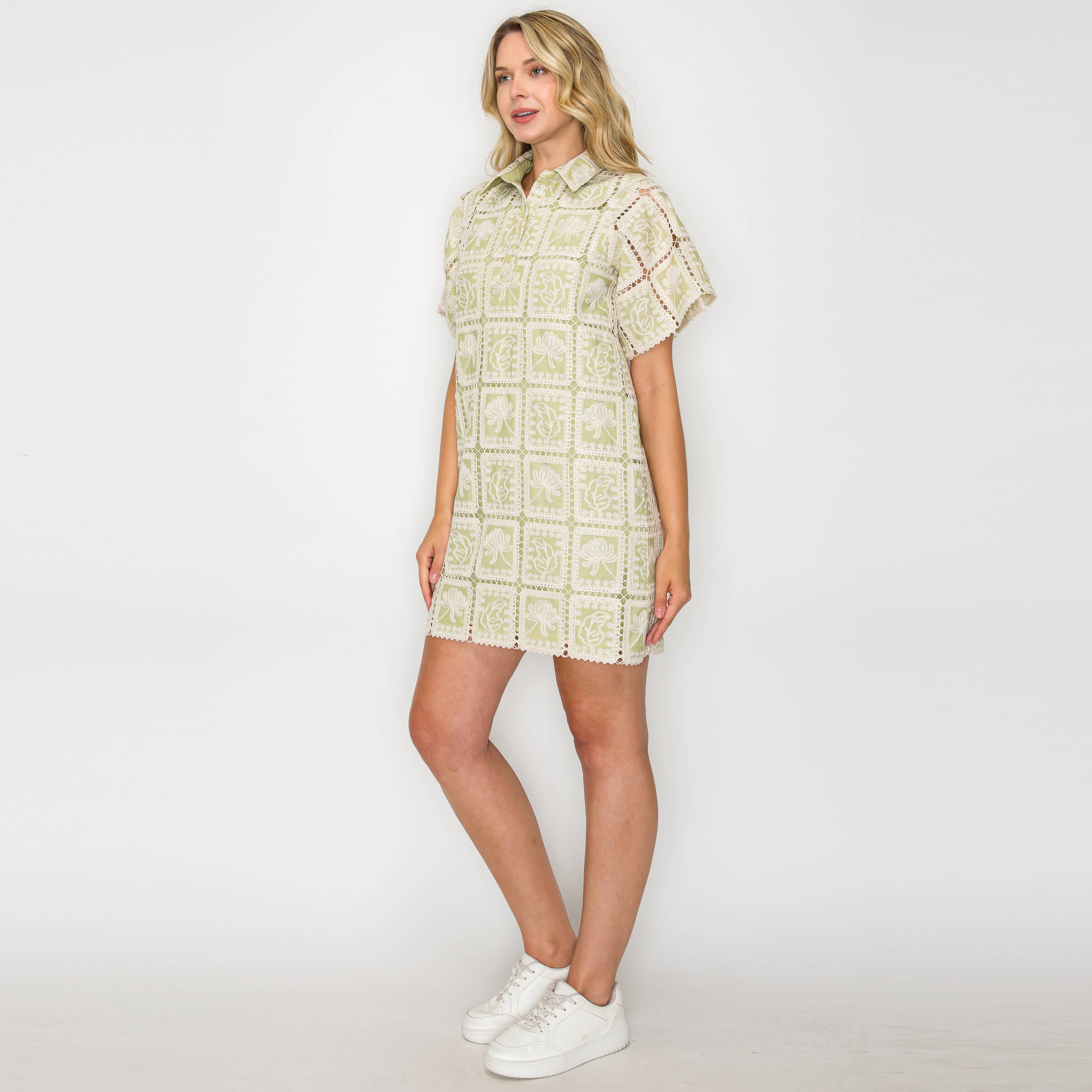 Macha Green Patch Work lace Mini Shift Dress