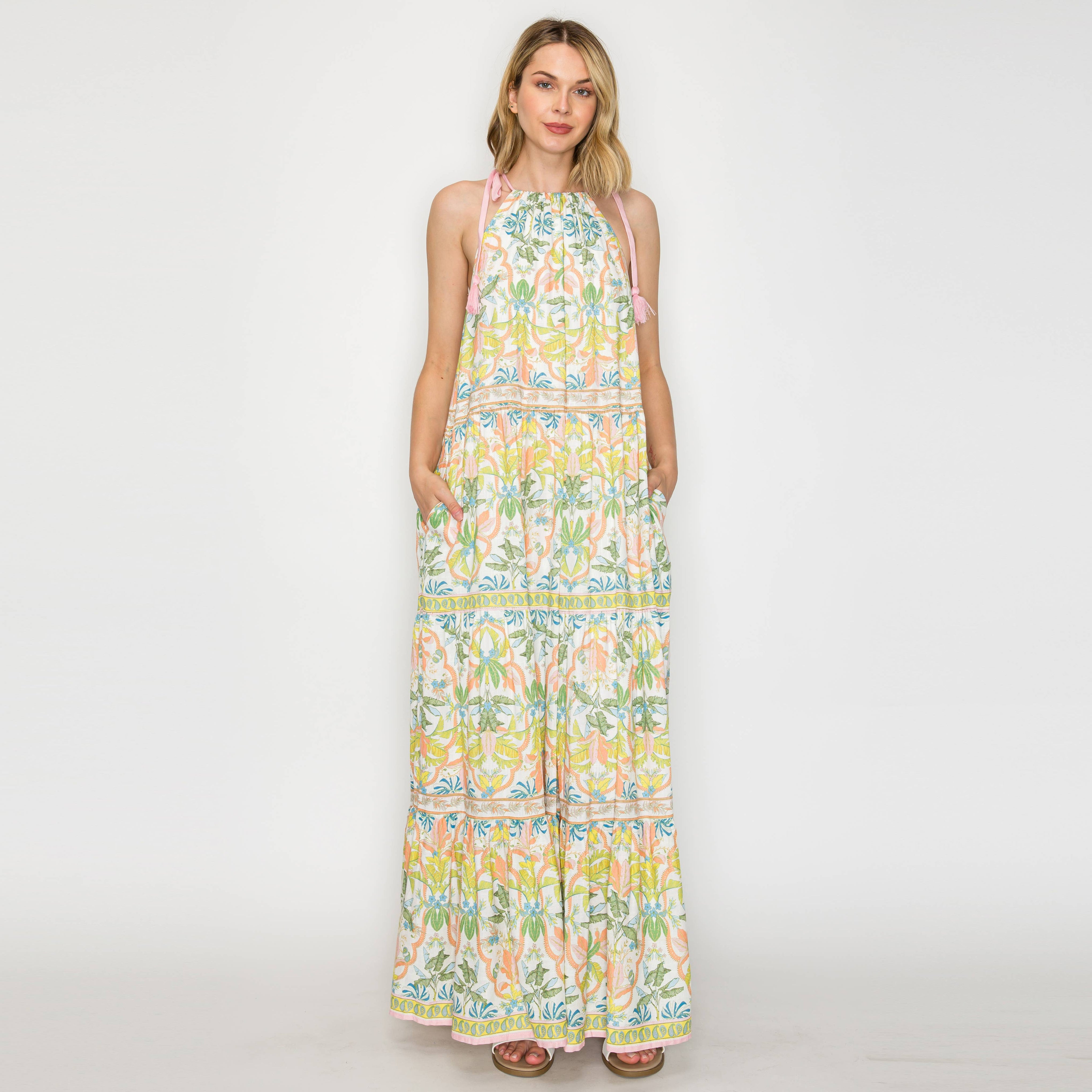 Lemon Yellow Jungle Maxi Halter Dress