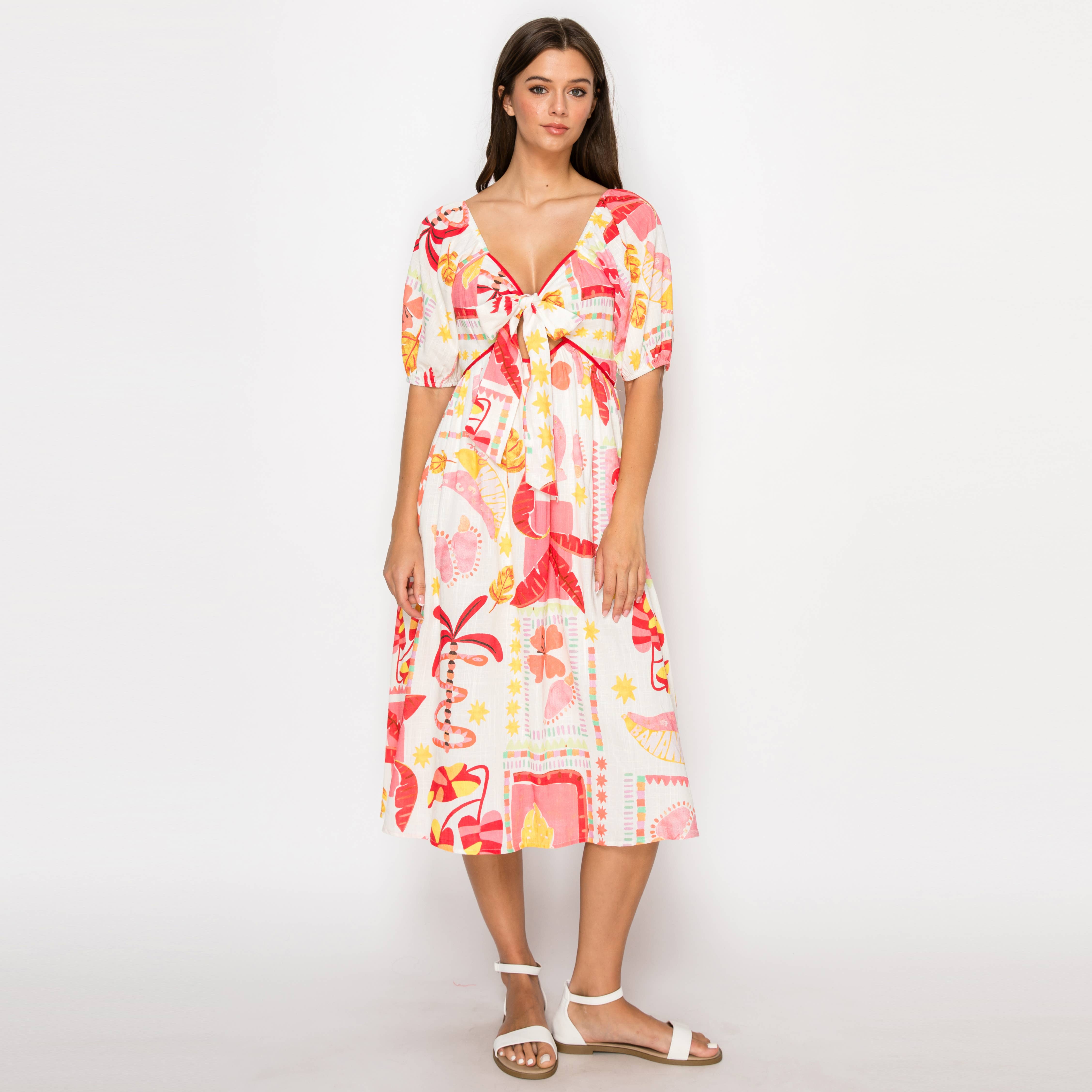 Pink Banana Retro Tropical Print Midi Dress